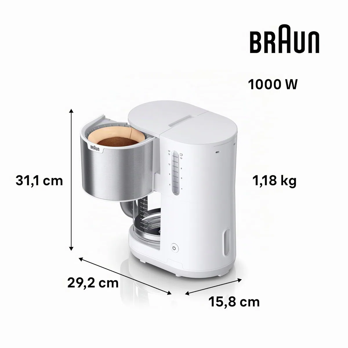 Braun Household PurShine KF 1500 WH - Macchina da caffè con filtro in vetro per fino a 10 tazze, sistema OptiBrew, spegnimento automatico, 1000 Watt, bianco, KF1500WH