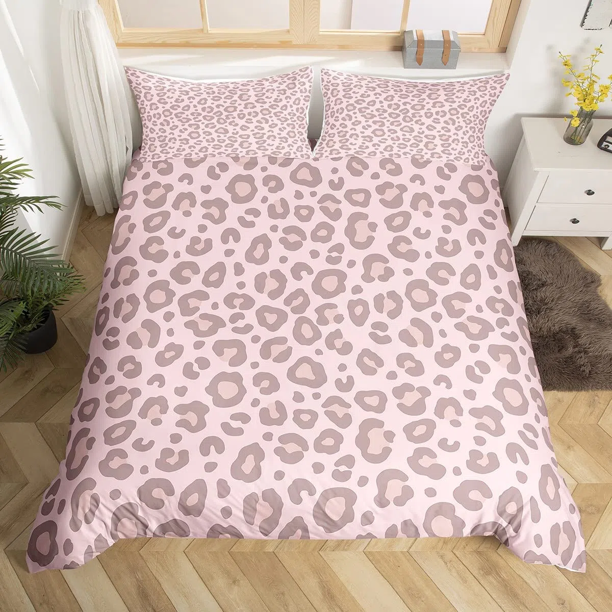 Homemissing Set Copripiumino 200x200cm Rosa Leopardo Pelle Copripiumone Morbido Leopardo Modello Set Africano Leopardo Stampa Copripiumini Super Morbido Decorativo Pelliccia Modello Animale Caccia