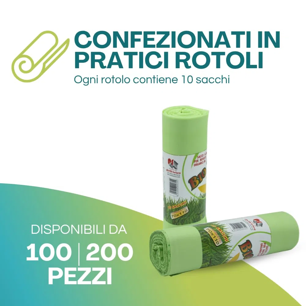100 Sacchi Raccolta Umido e Organico misura cm 70x110 (110 Litri) sacchetti spazzatura biodegradabili e compostabili