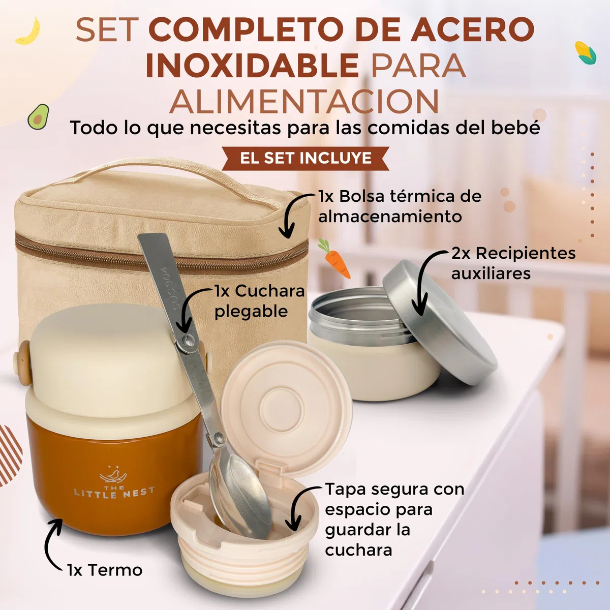 Set Thermos per alimenti per bambini 300 ml, in acciaio inox, 2 contenitori e custodia termica, chiusura ermetica, isolamento a doppia parete, mantiene caldo e freddo, senza BPA