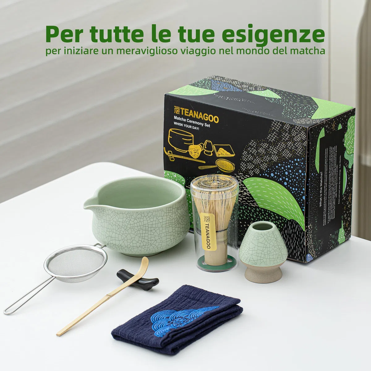 TEANAGOO MATCHA KIT verde, set da 7 pezzi, Matcha Set da tè matcha per preparare la colazione/latte, Idee Regalo di Eleganza per gli Amanti del Tè