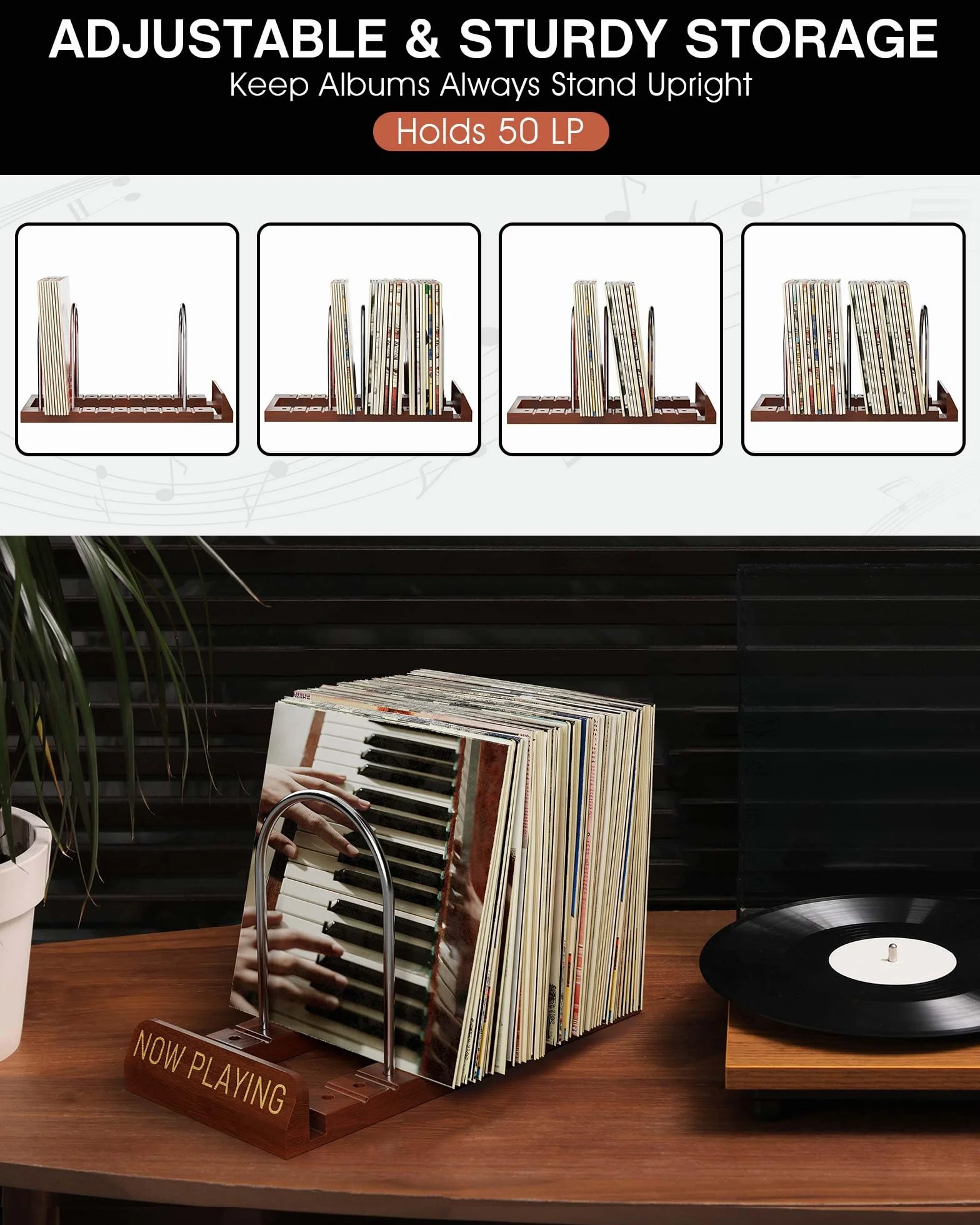 BS-VOG Supporto per Porta Vinili, con Scanalature Antiscivolo, per 50 Porta Dischi Vinile, Organizer in Legno, Ideale per Album, Confezione Regalo