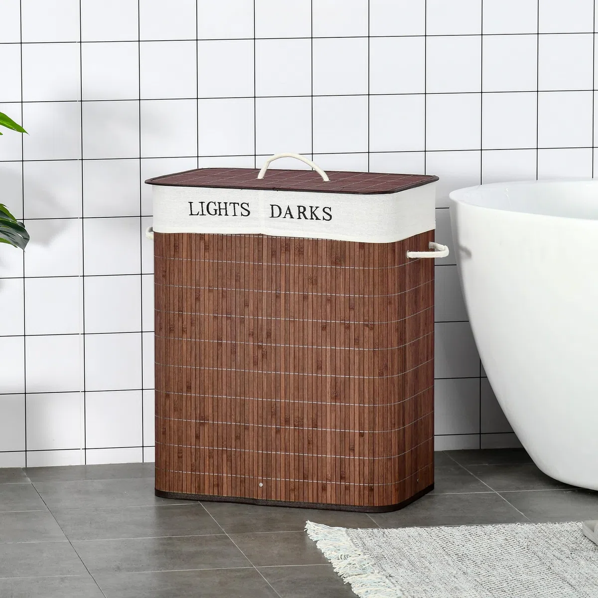 HOMCOM Cesto Portabiancheria in Bambù da 100L, Cesto Portabiancheria Salvaspazio con Coperchio e Maniglie, Moderno, Sacco in Tessuto, 2 Scomparti per Panni Sporchi, Marrone
