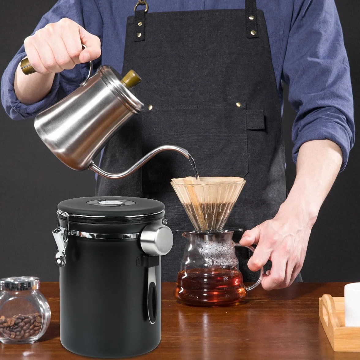 Inossidabile 304 Contenitore per Caffè, Barattolo Caffè Ermetico con Cucchiaio, Contenitore per Chicchi di Caffè, Barattolo Caffe Ermetico 2,8L, Chicchi di Caffè, Tè e Noci - Nero