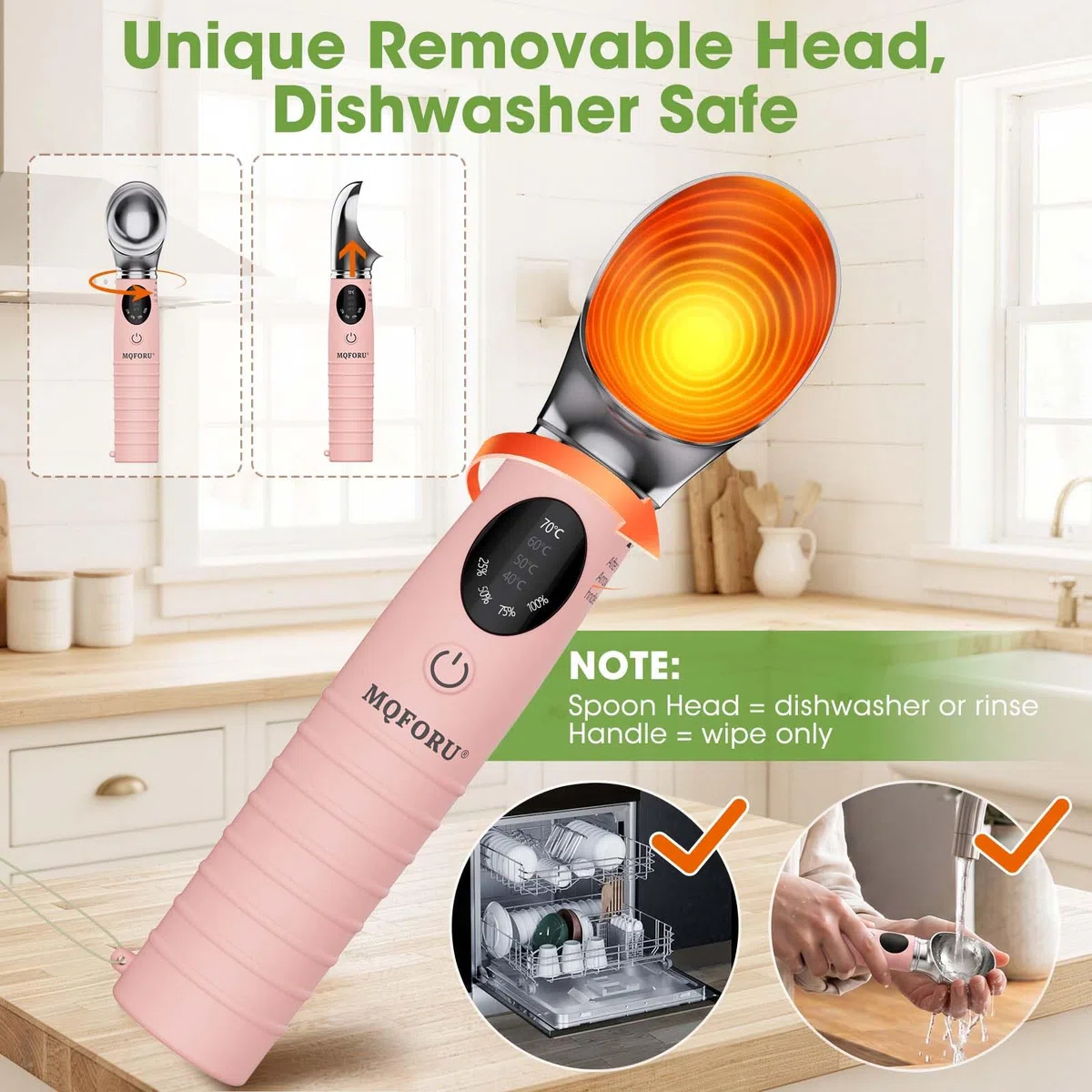 MQFORU Paletta per gelato riscaldata, paletta per gelato elettrica ricaricabile con display LED, calore portatile a 4 livelli 40-70° C, 2500 mAh per gelato duro, adatta per lavastoviglie (Rosa)