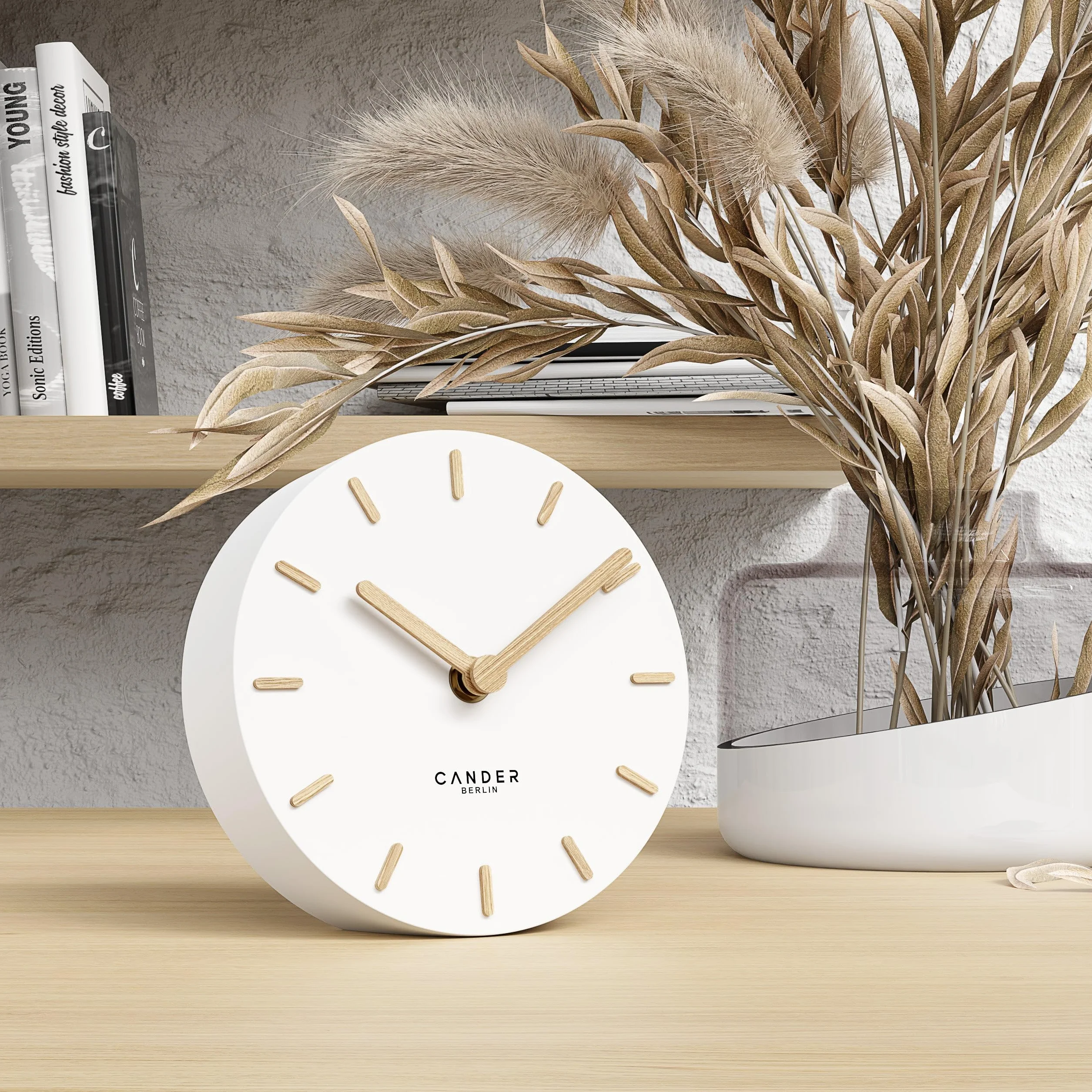 Cander Berlin MNU 2515 F - Orologio da tavolo silenzioso, senza ticchettio, 15 cm, analogico, funzionamento a batteria, colore: Bianco MDF