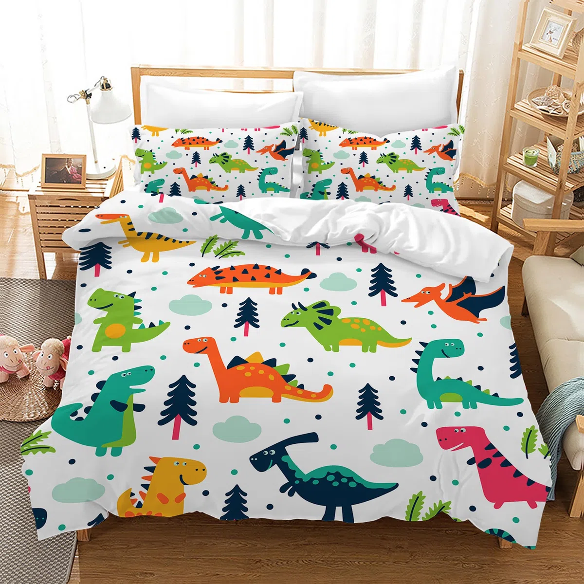 Dino, set di biancheria da letto con dinosauro 3D, per ragazzi e bambini, in morbida microfibra con chiusura lampo e 2 federe 50 x 75 cm (Dino 3, 135 x 200 cm)