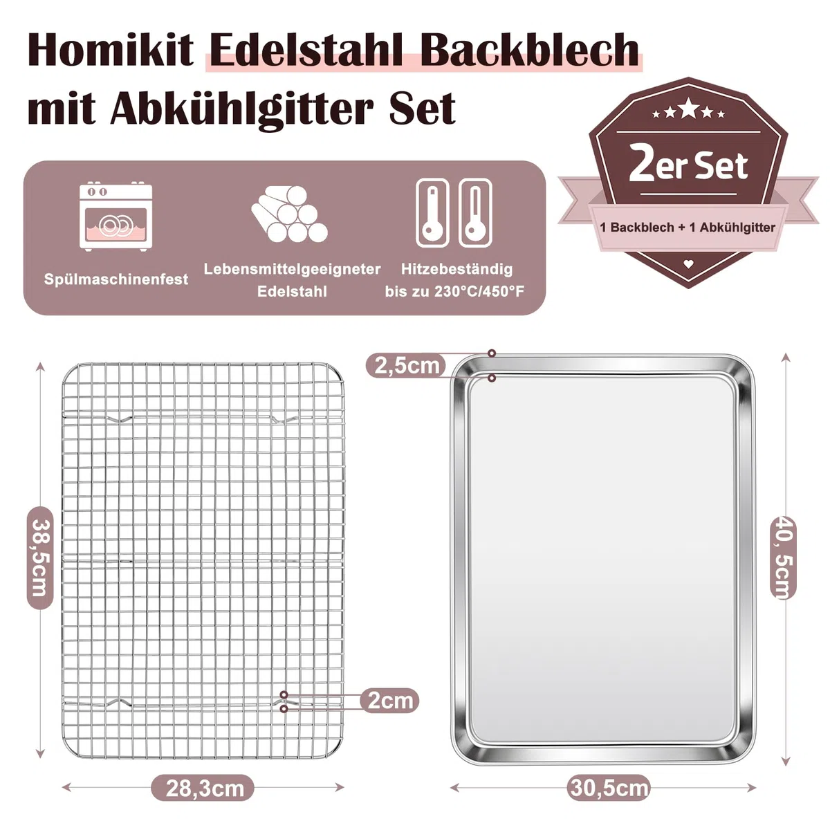 Homikit Teglia da forno con griglia di raffreddamento, in acciaio inox, grande teglia da forno e griglia di raffreddamento per torte, 40,5 x 30,5 x 2,5 cm, facile da pulire e lavabile in lavastoviglie