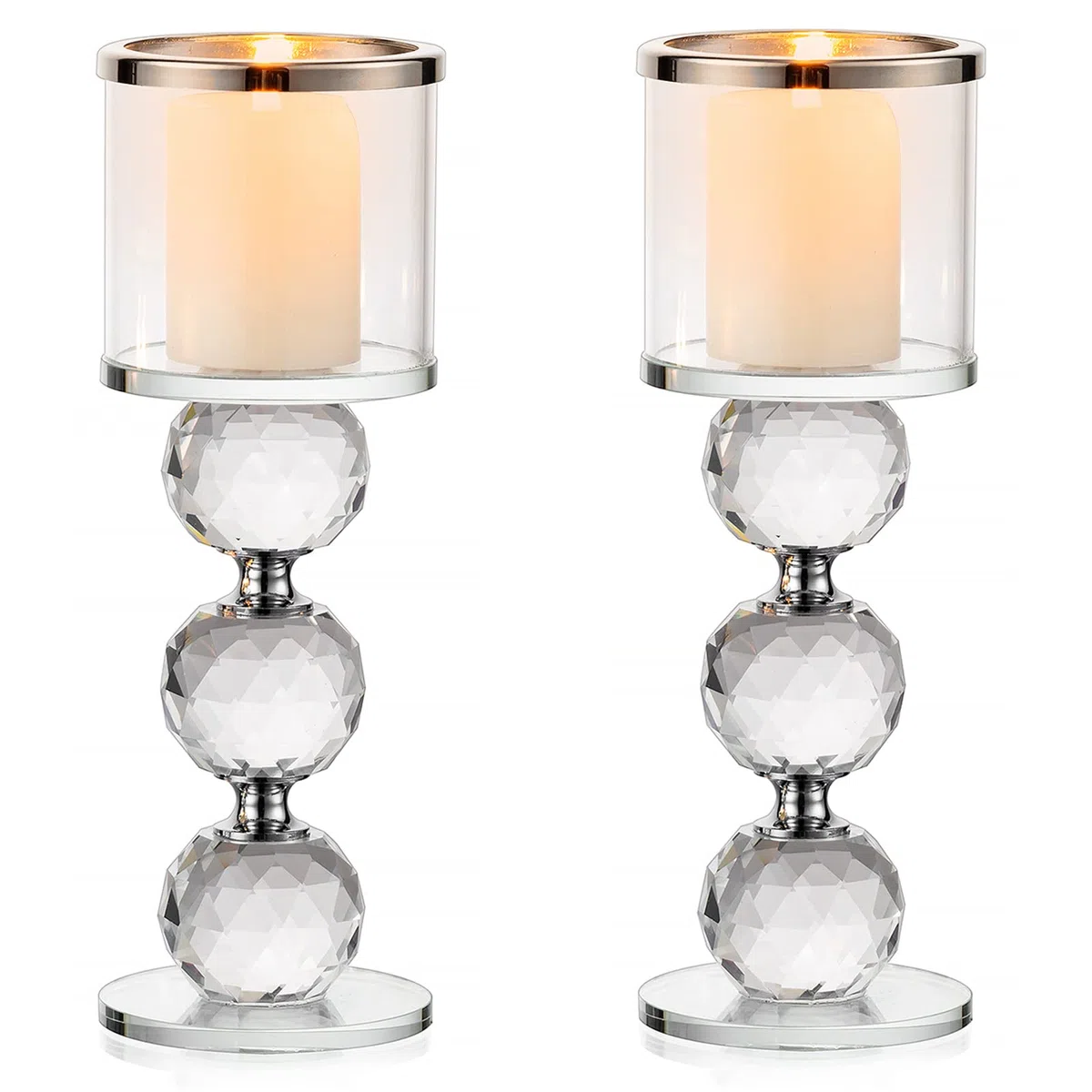 Sziqiqi Portacandele a Colonna in Cristallo, Set di 2 Candelieri in Vetro Trasparente, Candelabri Centro Tavola Moderno per Soggiorno Matrimonio Porta Candele per Decorazione Natalizia, Argento