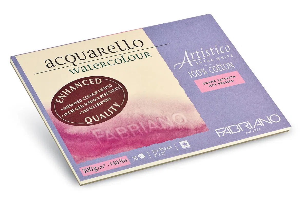 Honsell 19302330 Fabriano Artistico Acquarello Watercolour, extra bianco, satinato pressato, 23 x 30,5 cm, 20 fogli da 300 g/m², cartoncino per acquerello di alta qualità, blocco incollato su 4 lati