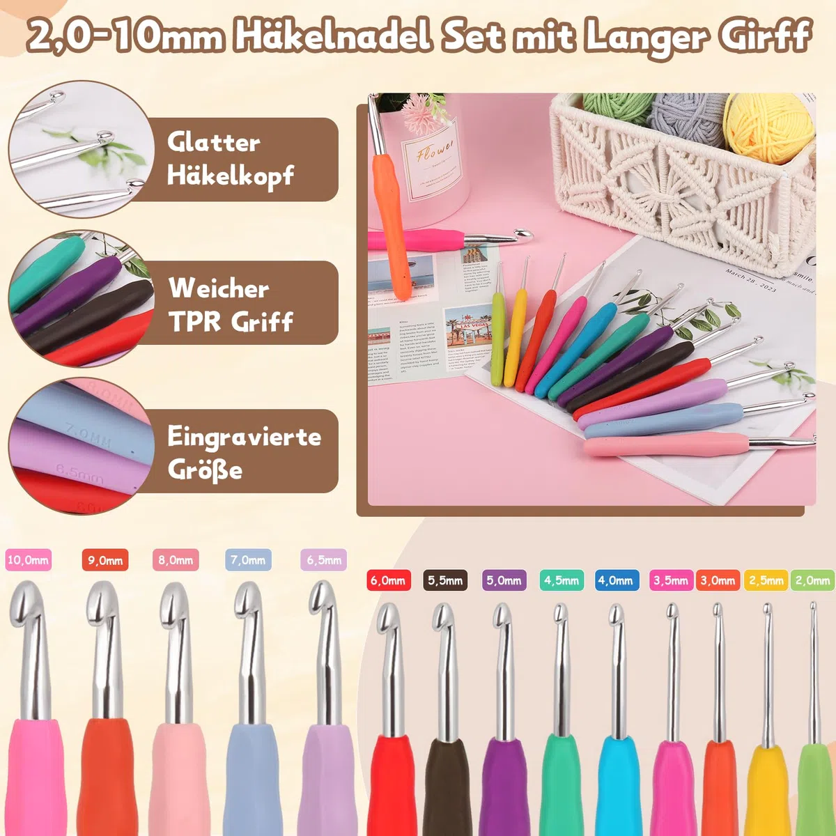 Coopay Set all'uncinetto per principianti, set completo con 15 lana, uncinetti ergonomici, borsa portatile e accessori all'uncinetto, uncinetto da 2,0 a 10 mm con impugnatura in gomma TPR, set regalo