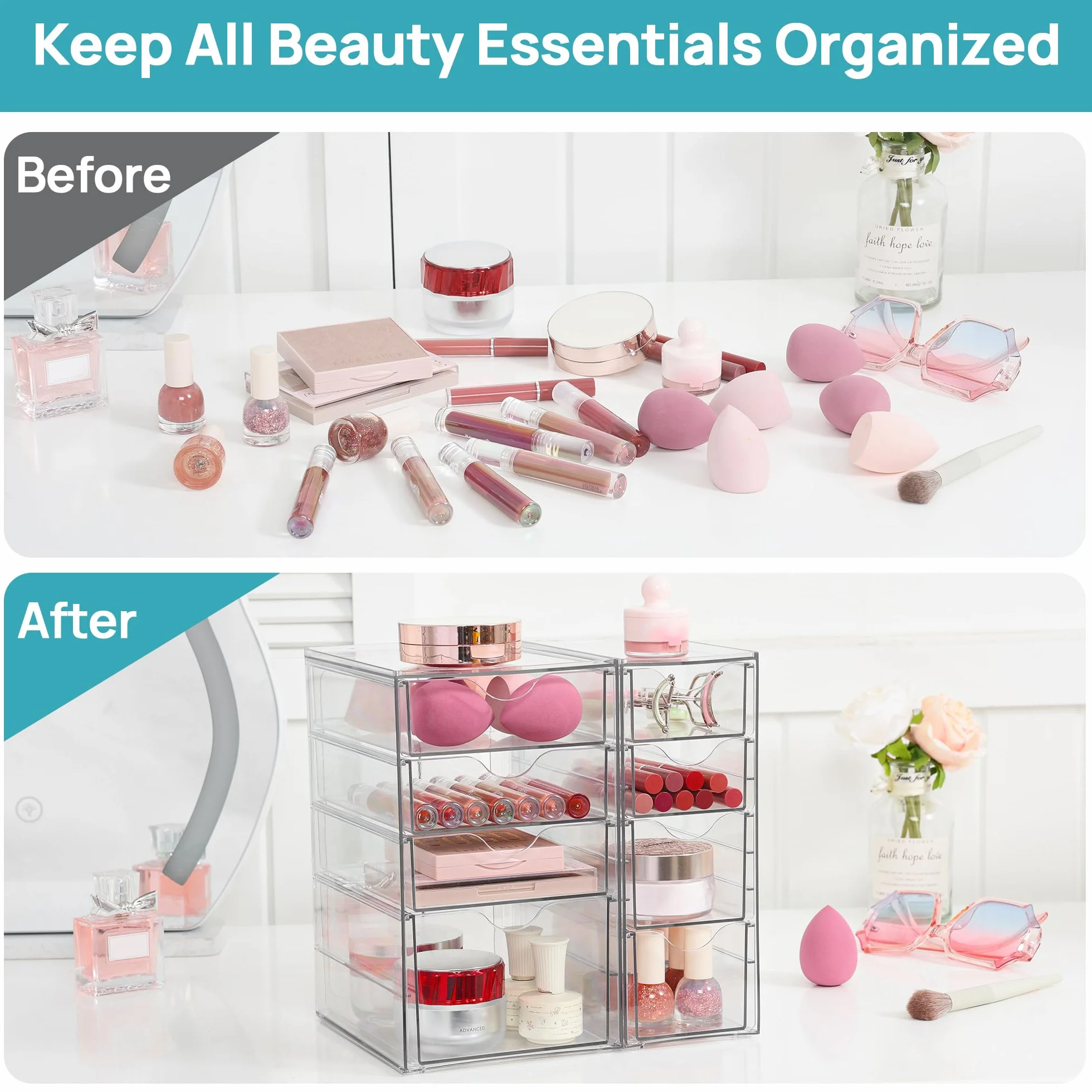Vtopmart Organizer da scrivania con 8 cassetti, organizer da ufficio, organizer trasparente per desk per ufficio, artigianato, trucco, penne