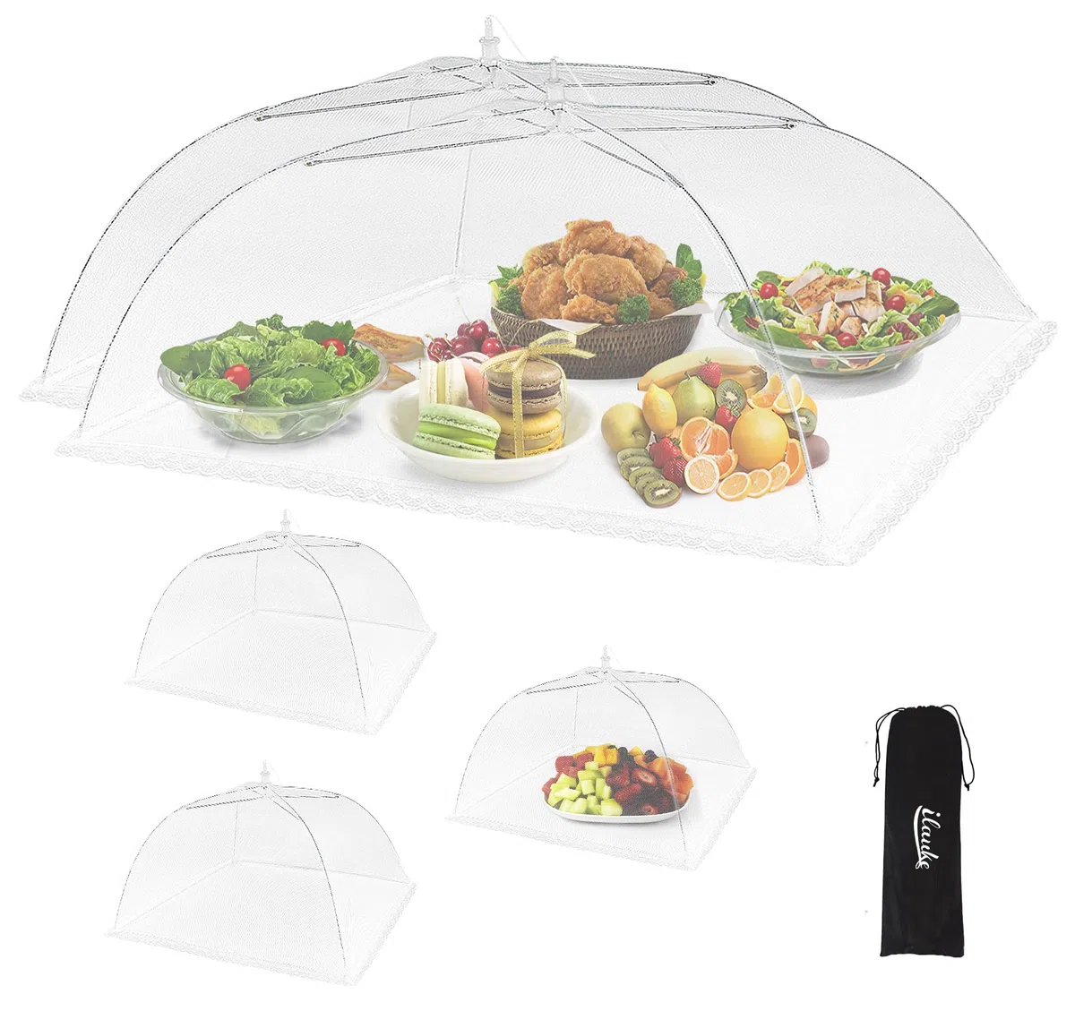 ilauke Set di 5 Cappelli da Mosca, 2 Grandi Pieghevoli (100 x 60 cm) e 3 coperture Pieghevoli Standard per Torte per Frutta, Cibo, Barbecue, Feste, Buffet, Picnic,con Custodia, Colore Bianco