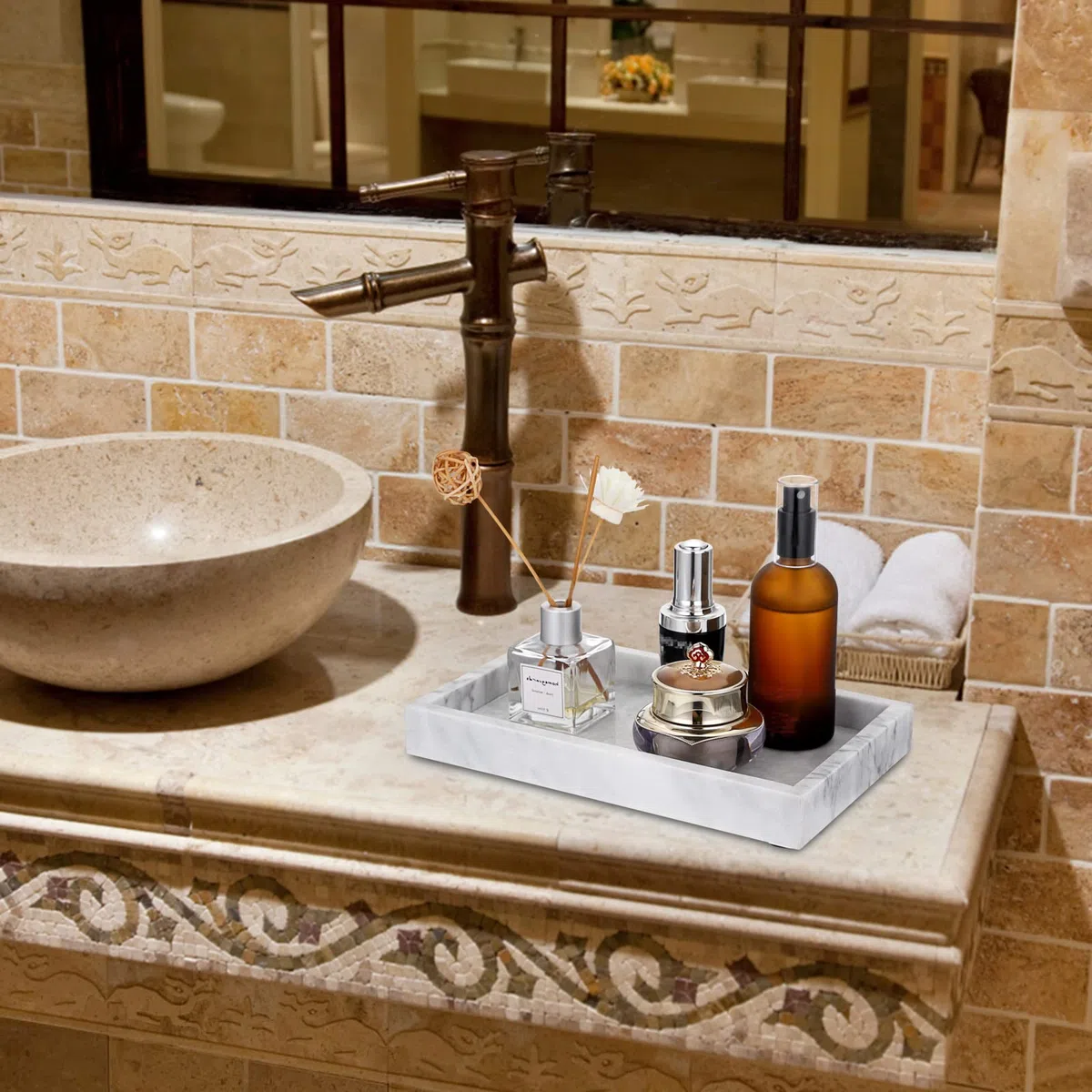 BSTKEY Vassoio da portata rettangolare in marmo naturale, vassoio per gioielli, vassoio decorativo per bagno, vassoio portaoggetti per vasca da bagno, 25 x 15 cm (grigio)