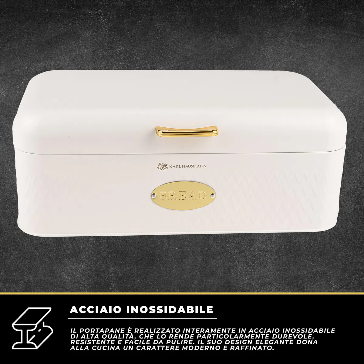 KARL HAUSMANN Portapane Bianco In Acciaio Inox - 42,5 x 23 x 16,5 cm - Grande Contenitore Per Pane, Panini E Prodotti Da Forno, Porta pane Moderno Con Fori Di Ventilazione Per Cucina