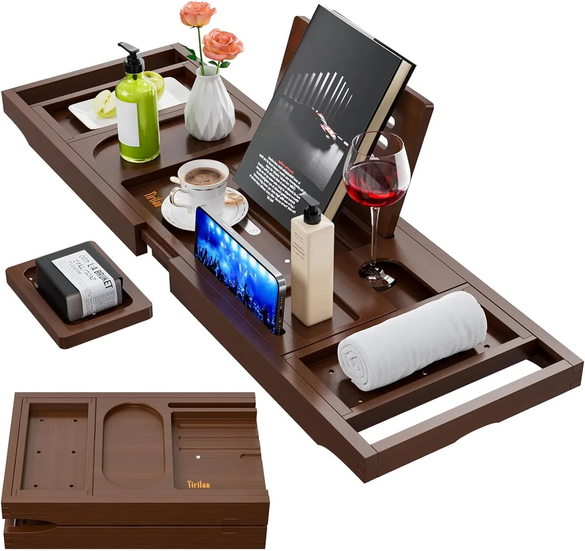 Vassoio da bagno in bambù, regolabile, retrattile, può contenere libri, tablet, telefoni cellulari, aromaterapia, bicchieri da vino, adatto per la maggior parte dei vassoi in legno per vasca da bagno,