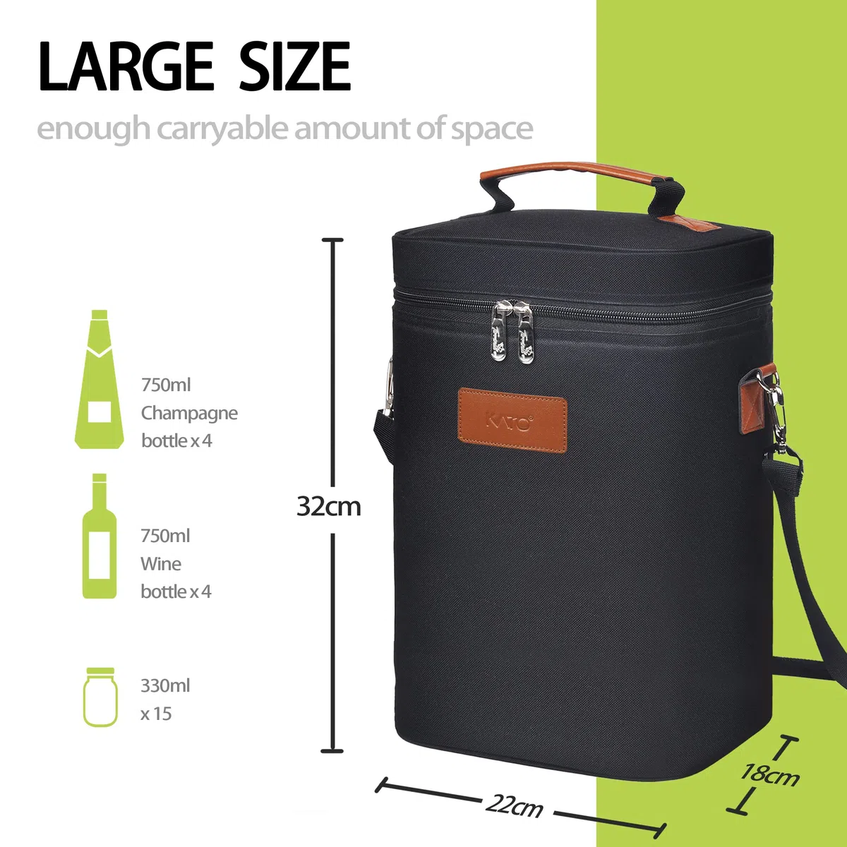 Kato Tirrinia 4 bottiglie di gelato, borsa per vino isolata, borsa per vino portatile con cinghia, per feste di picnic, BYOB, ristorante, degustazione di vino, nero, 21 × 18 × 31 cm