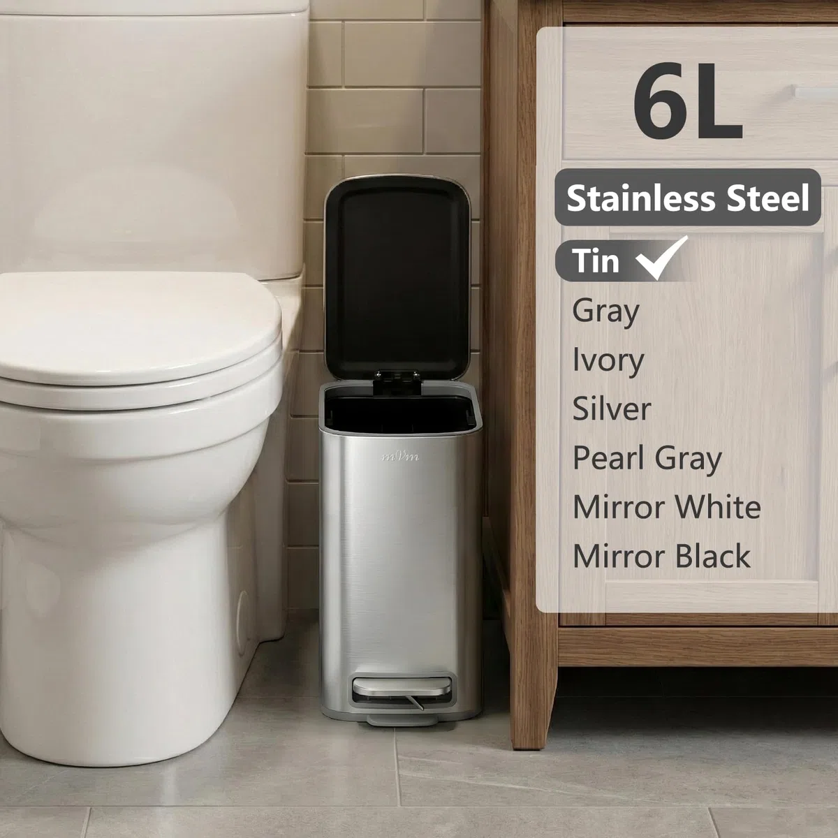 mVm Pattumiera Bagno Design 6L con Pedale, Secchio Interno Rimovibile, Chiusura Soft Close, Pattumiera Slim in Acciaio Inox per Bagno Moderno
