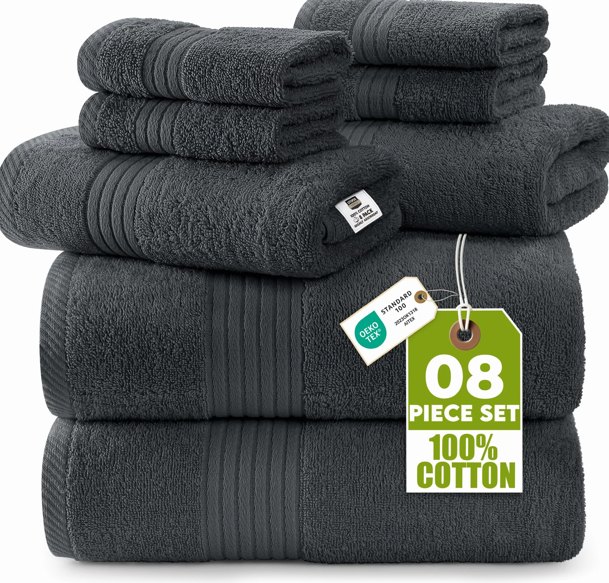 Utopia Towels Set di 8 asciugamani in cotone 100%, morbidi e assorbenti per l'uso quotidiano, 2 teli da bagno 69 x 137 cm, 2 asciugamani 41 x 71 cm, 4 salviette 30 x 30 cm (Grigio)