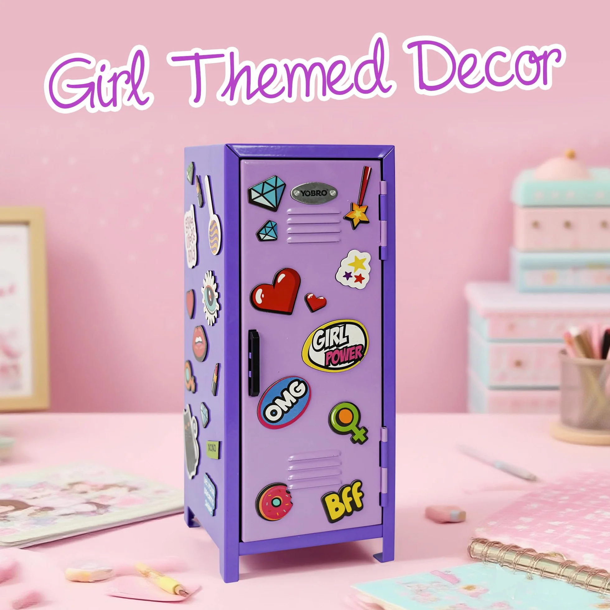 YOBRO Mini armadietto con serratura e 2 chiavi, 24 adesivi decorativi magnetici a tema ragazza, mini armadietti per bambini, armadietto in miniatura per scrivania, casa, camera da letto, viola e viola