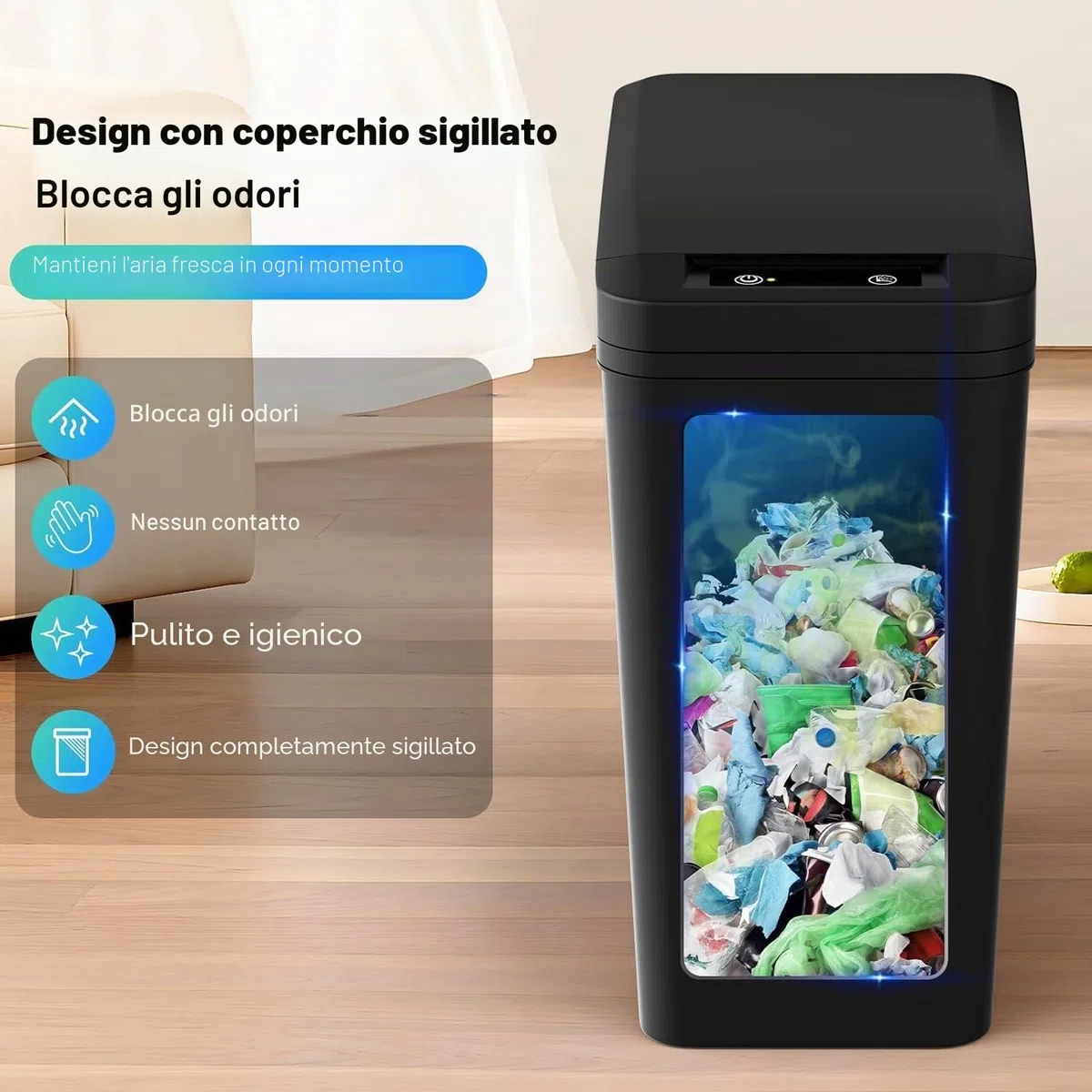 Cestino con Sensore di Movimento, 12L Bidone Automatico per Bagno, Slim in Plastica con Coperchio, Cestino Intelligente Nero Impermeabile per Camera da Letto Bagno Toilette Cucina Ufficio