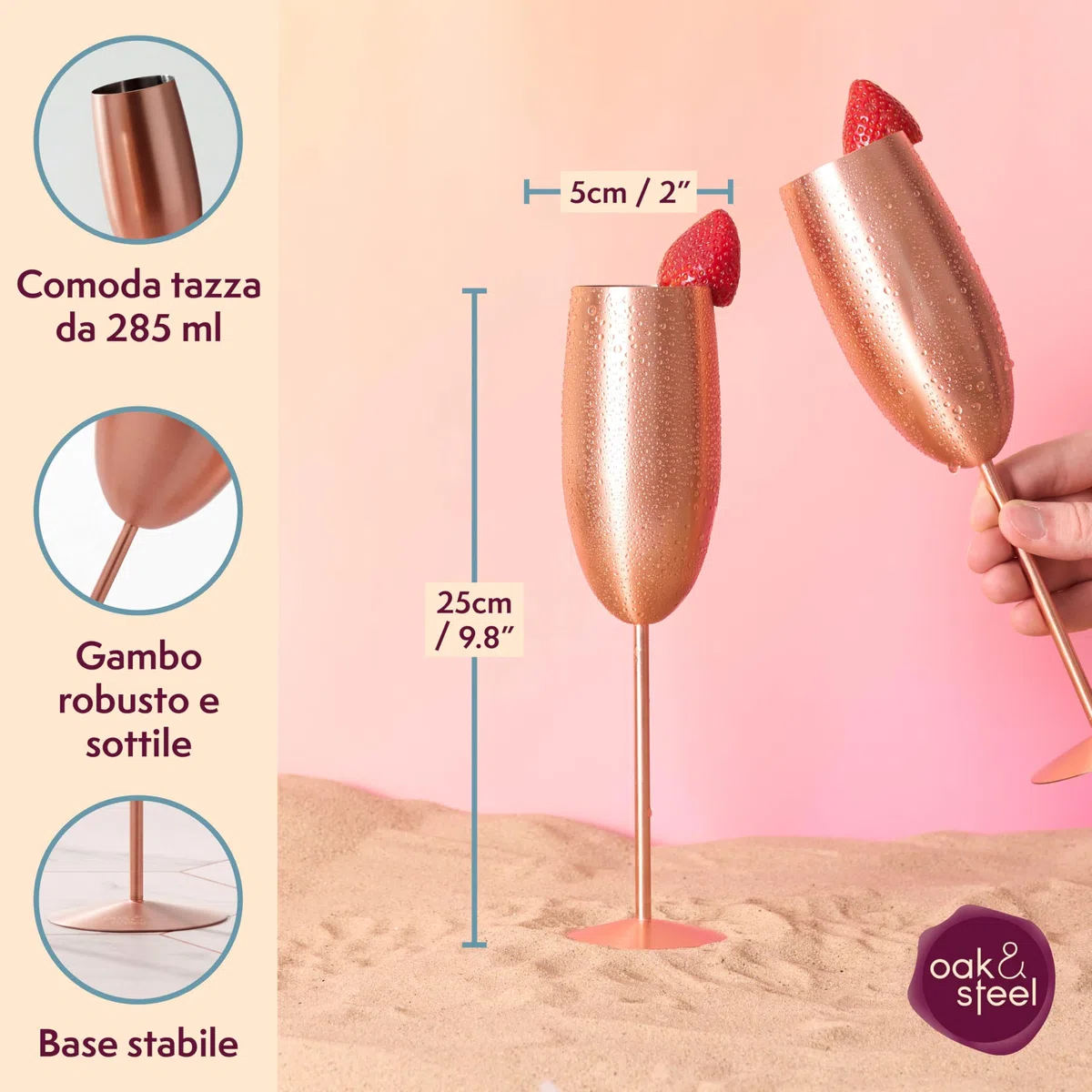 Oak & Steel - 4 Bicchieri Da Prosecco Con Flute Da Champagne, Acciaio Inox Finitura Rame Oro Rosa, 285 Ml - Confezione Regalo