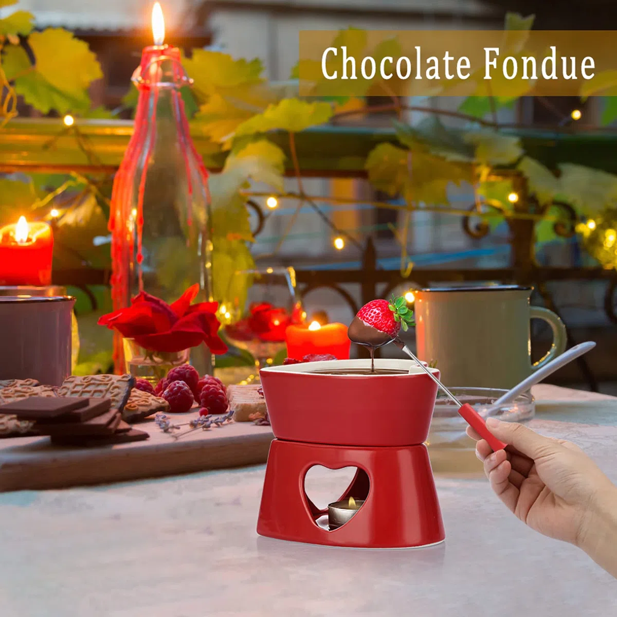 Set per fonduta di cioccolato in ceramica TOLIDA, pentolino a forma di cuore, pentola per fonduta di cioccolato e formaggio in porcellana con 4 forchette, 320 ml, mini bruciatore resistente al calore