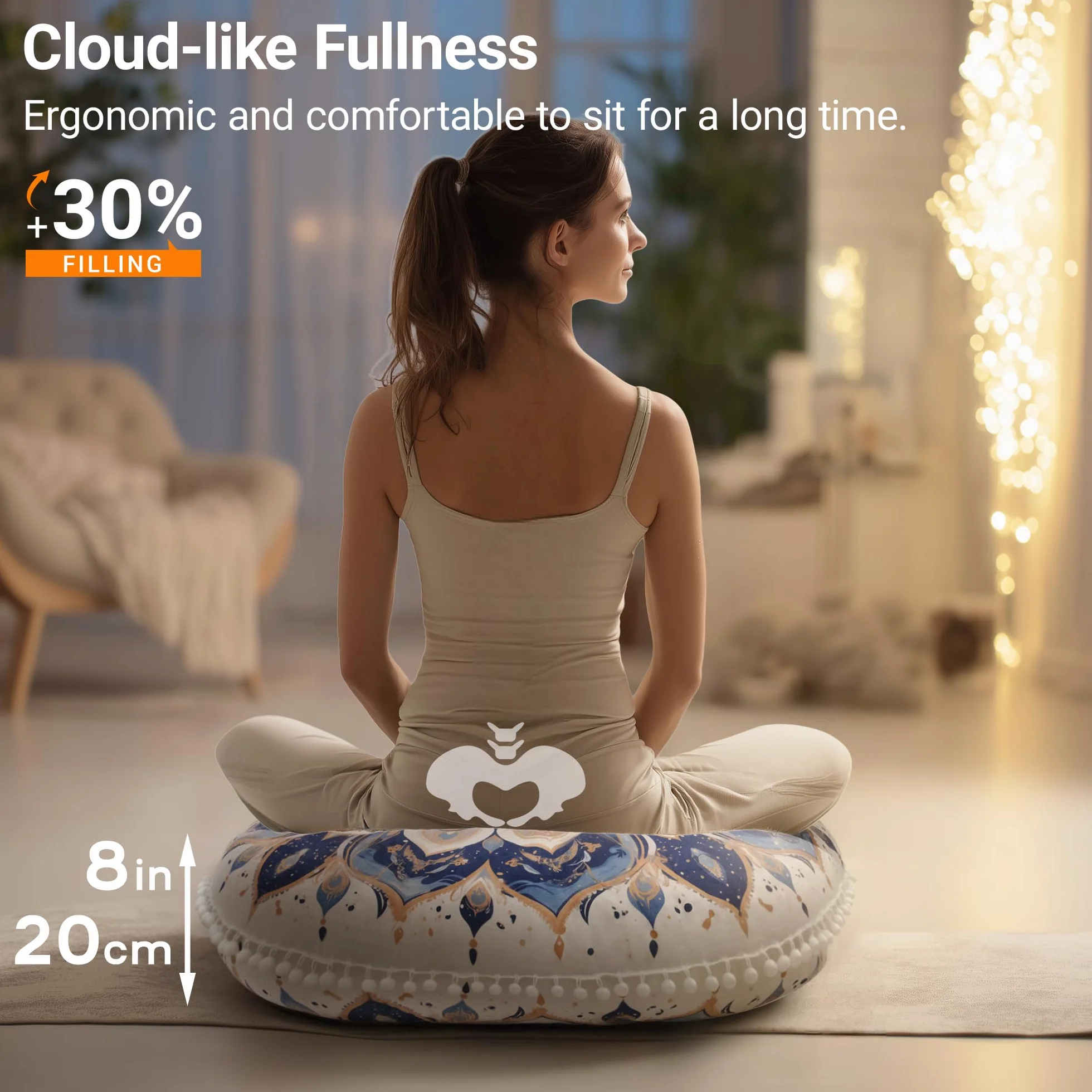 Cuscino per Meditazione Rotondi, Cuscino da Pavimento con Fodera Rimovibile e Lavabile, 80 cm Grande Cuscino Yoga Ergonomico con Decorazioni Pompon, Uso Interno/Esterno, Blu navy