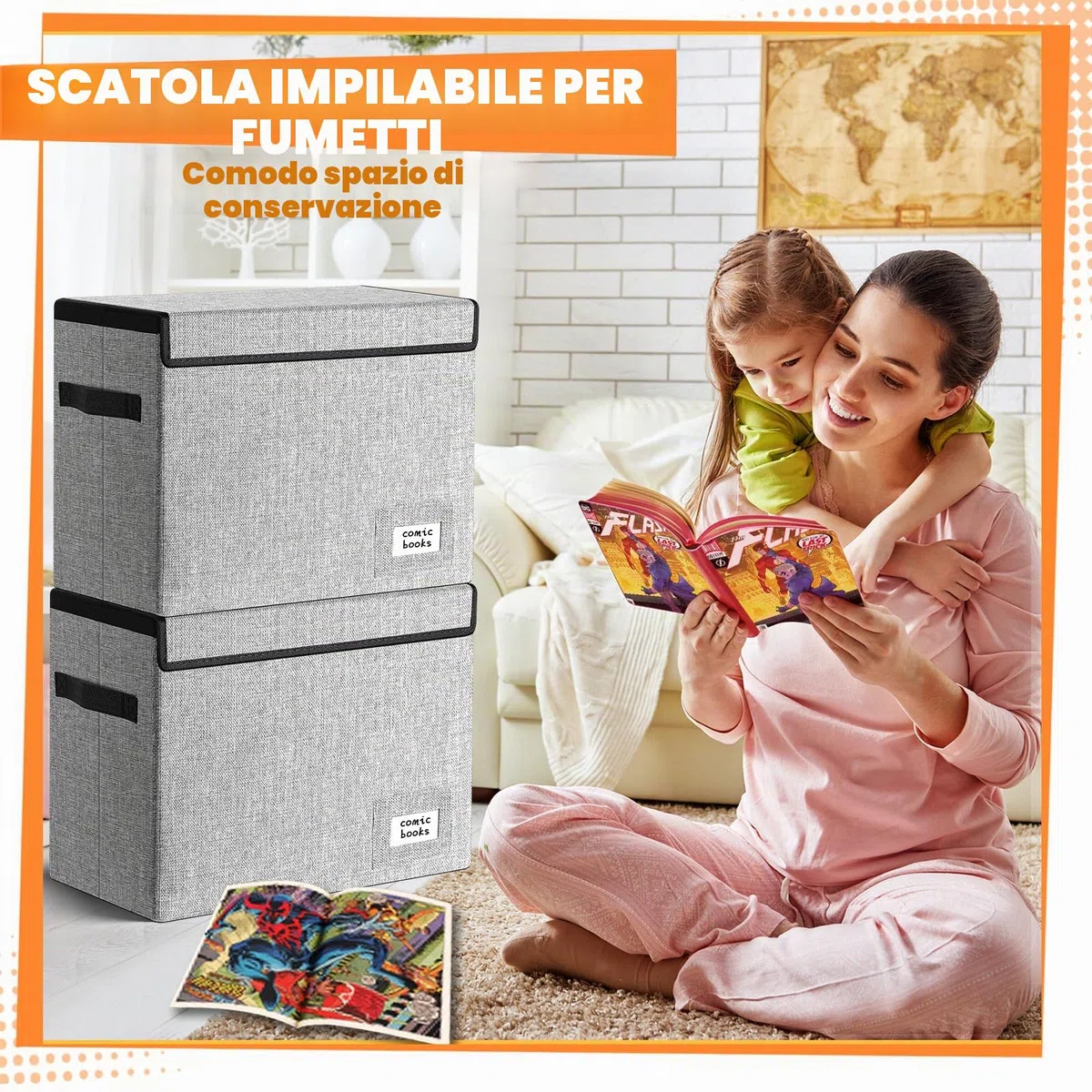 Leffis Scatola per fumetti, 39,4 x 19,1 x 28,7 cm, scatola corta pieghevole con coperchio, contiene 150 fumetti (confezione da 2, grigio)