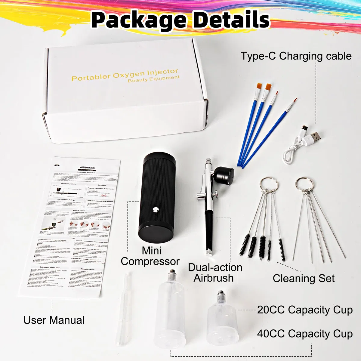 Kit Aerografo con Compressore, Aerografo Portatile Senza Fili, Multifunzione Airbrush ad Alta Pressione, Ricaricabile, Per Nail Art, Trucco, Pittura e Modellismo (Nero)