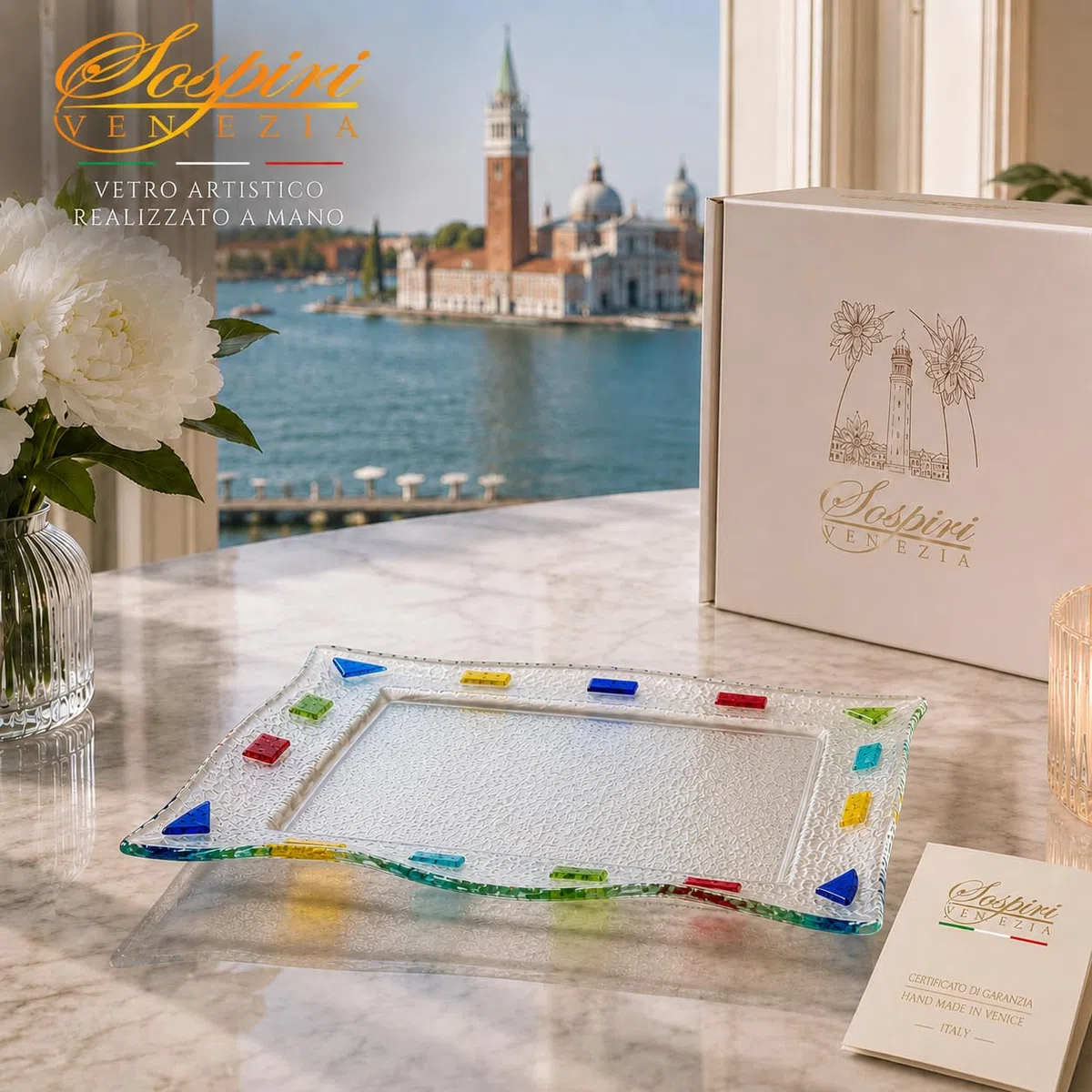 Sospiri Venezia Vassoio Decorativo in Vetro Artistico per Arredo Casa e Tavola - Centrotavola Moderno Design Veneziano, Idea Regalo 30x20x3 cm