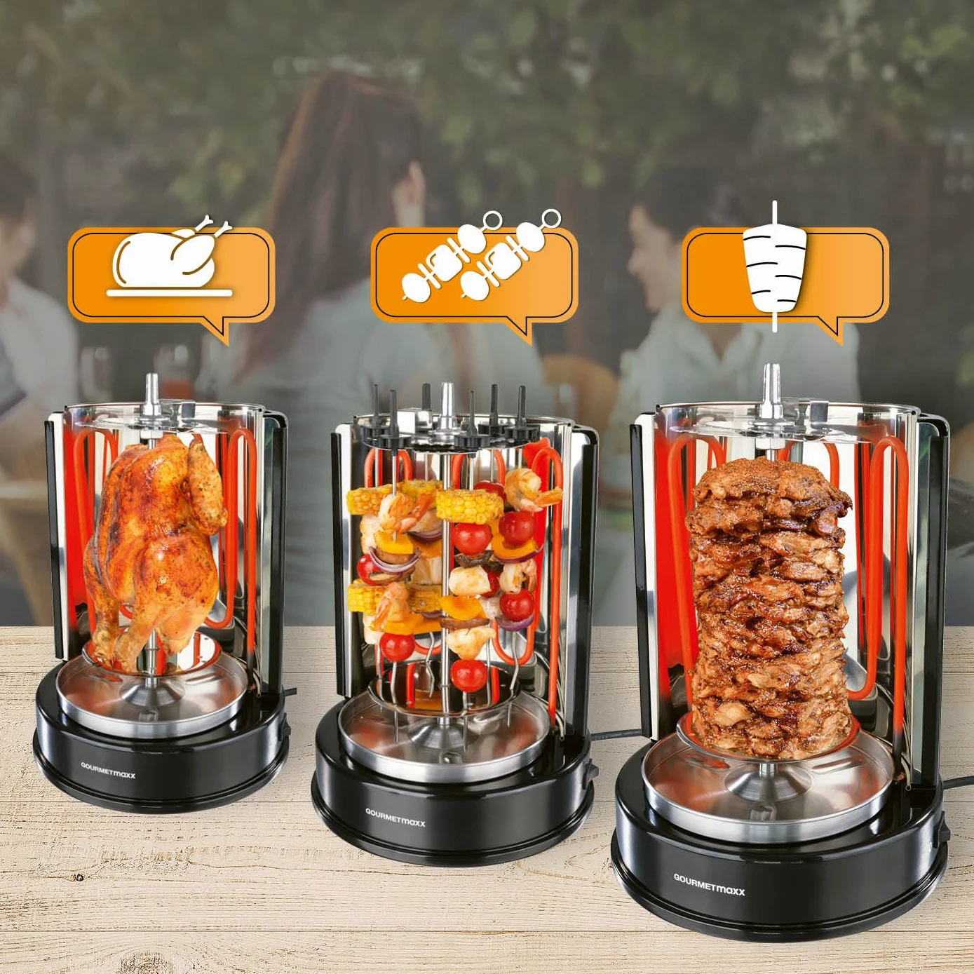 GOURMETmaxx kebab grill | grill elettrico verticale per kebab, gyros, shashlik | grill elettrico con spiedo centrale e 6 spiedini aggiuntivi, utilizzabile anche come shashlik grill