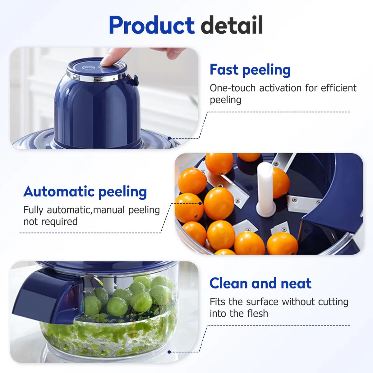 Pelapatate elettrico automatico automatico dell'aglio, USB Recahrgeable, strumento multifunzione piccolo pelapatate per uva, ciliegie, pomodori (Bleu)
