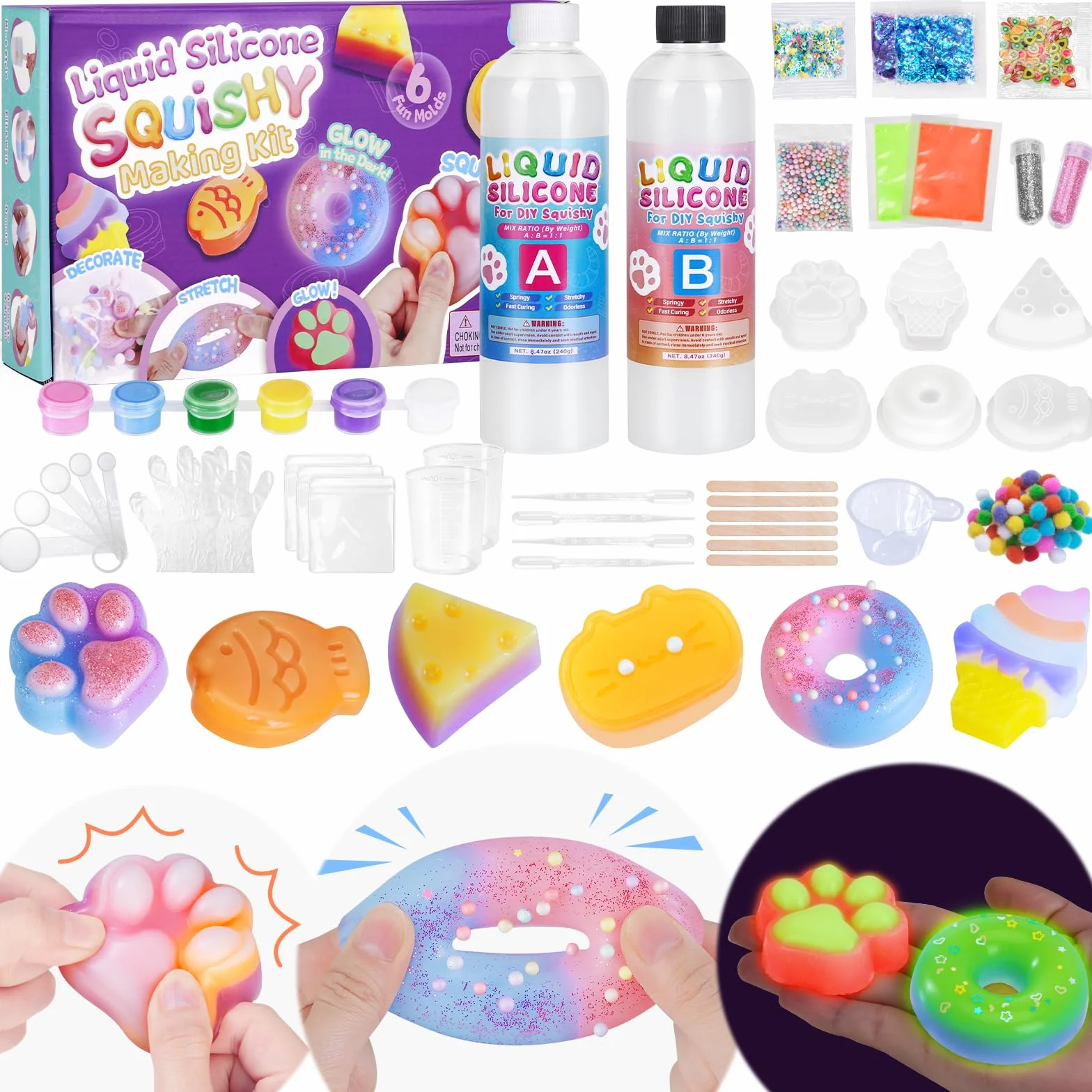 Highttoy Kit Squishy Silicone Liquido Luminosi Fai Da Te, 480ml Rapporto 1:1 AB Squishy Gomma Siliconica con 6 Stampi e Accessori, Giocattoli Sensoriali Antistress per Bambini 6+ Anni