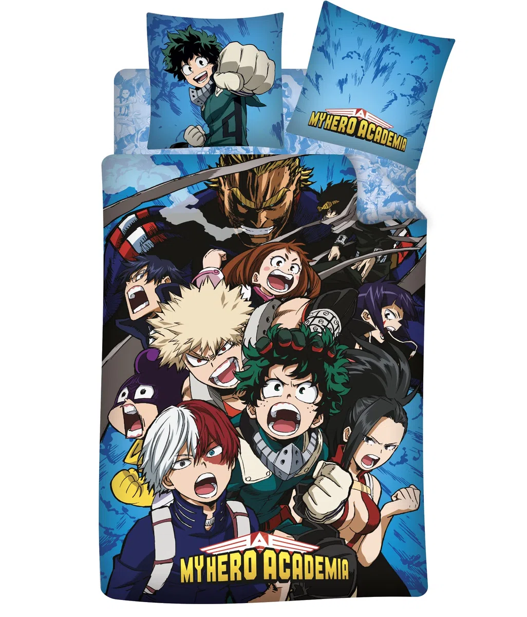 AYMAX S.P.R.L My Hero Academia - Parure da letto, 3 pezzi, 100% cotone, copripiumino 140 x 200 cm + federa 65 x 65 cm + lenzuolo coordinato 90 x 190 cm