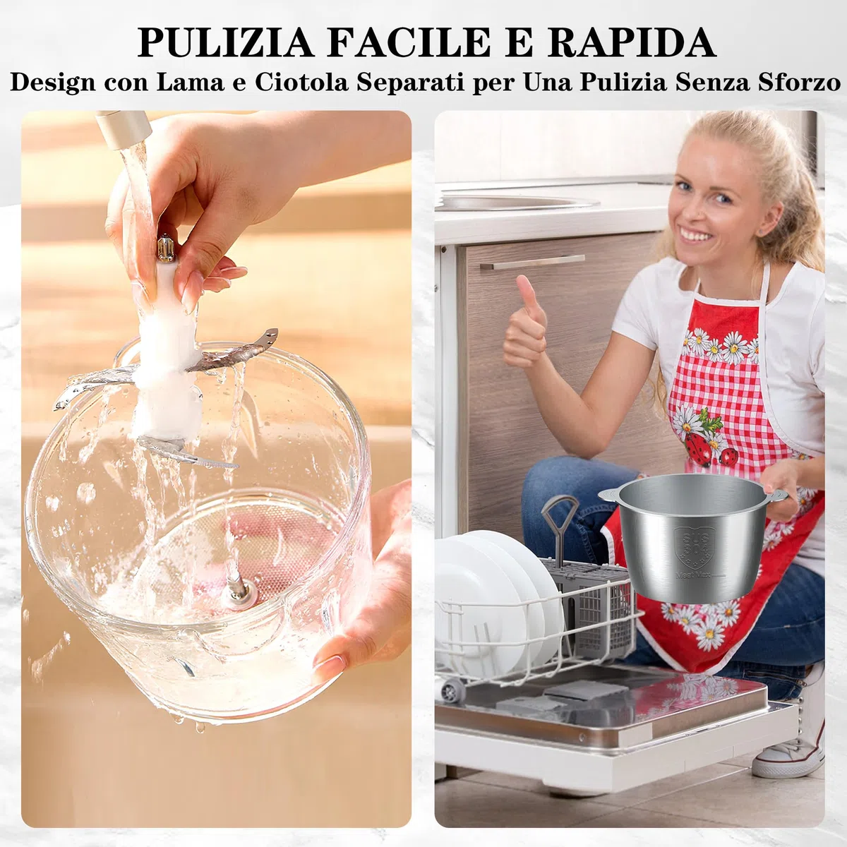 Tritatutto da Cucina Elettrico, 500W 2L Tritatutto Elettrico con Motore in Rame, 2 Ciotole (Vetro + Acciaio Inox), 4 Lame Affilate, 2 Velocità, Mini Frullatore per Carne/Verdura/Baby Food