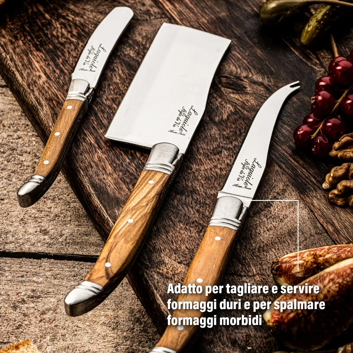 Laguiole Style de Vie Coltello da Formaggio Luxury Line, 3 Pezzi, legno d'ulivo