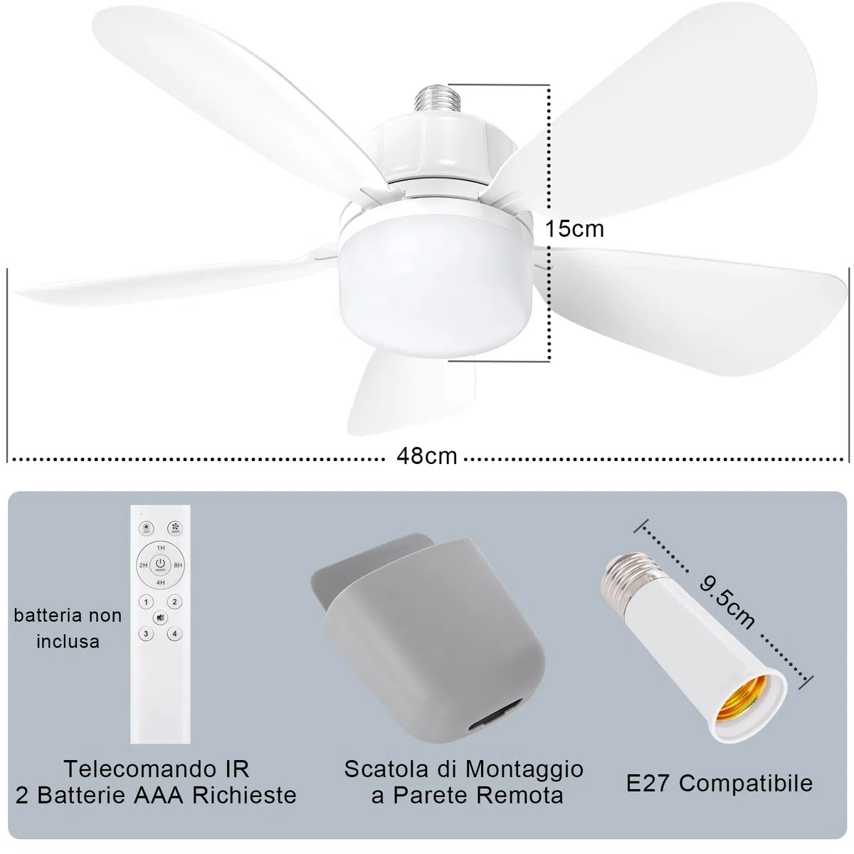 Gliztech Ventilatore a Presa con Base E27, Ventilatore Da Soffitto con Luci e Telecomando, Ventilatore a Presa con Luce LED per Bagno, Cucina, Camera da Letto, Garage (50CM, 1, Pack)