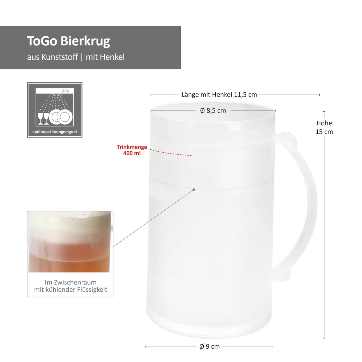 MamboCat ToGo - Set di 6 boccali da birra in plastica, 0,4 l, con manico, per campeggio, attività all'aperto, picnic, idea regalo