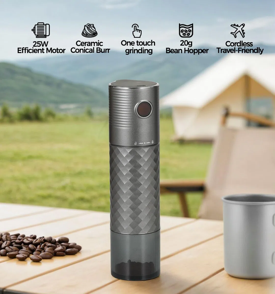 Macinacaffè Elettrico Portatile con Macina Conica in Ceramica, Impostazioni Regolabili da Grossolano a Fine, Avvio con un Solo Clic, Compatto per Viaggi, Campeggio e Casa