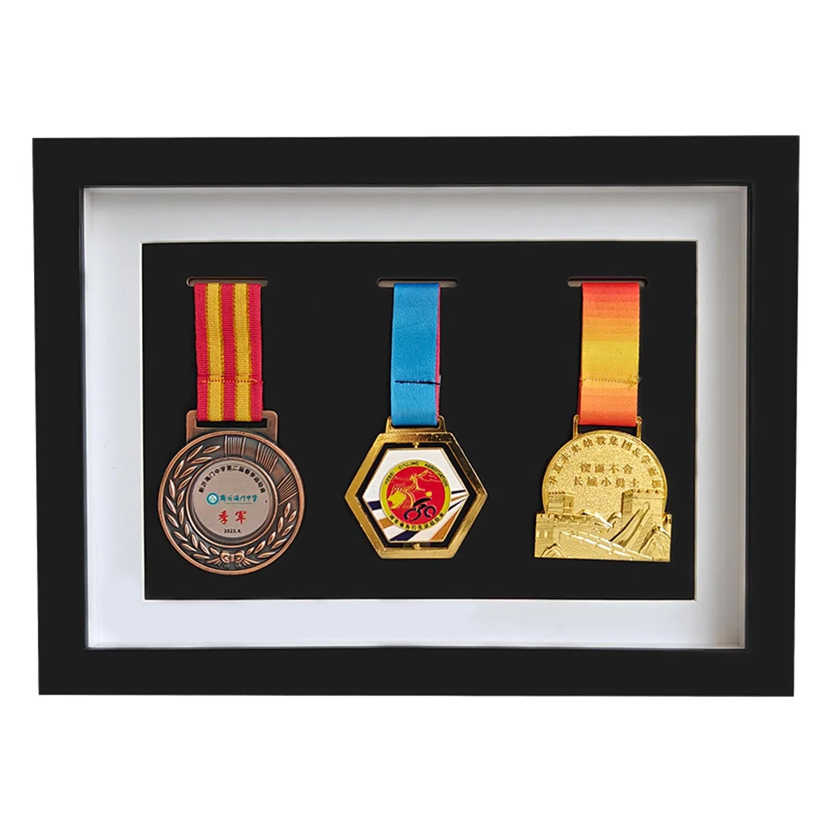 Scatola per Medaglie in Legno Massello, Vetrina per Distintivi d'Onore, Cornice Profonda 3D per Tre Medaglie Militari di Guerra Con Cornice Nera