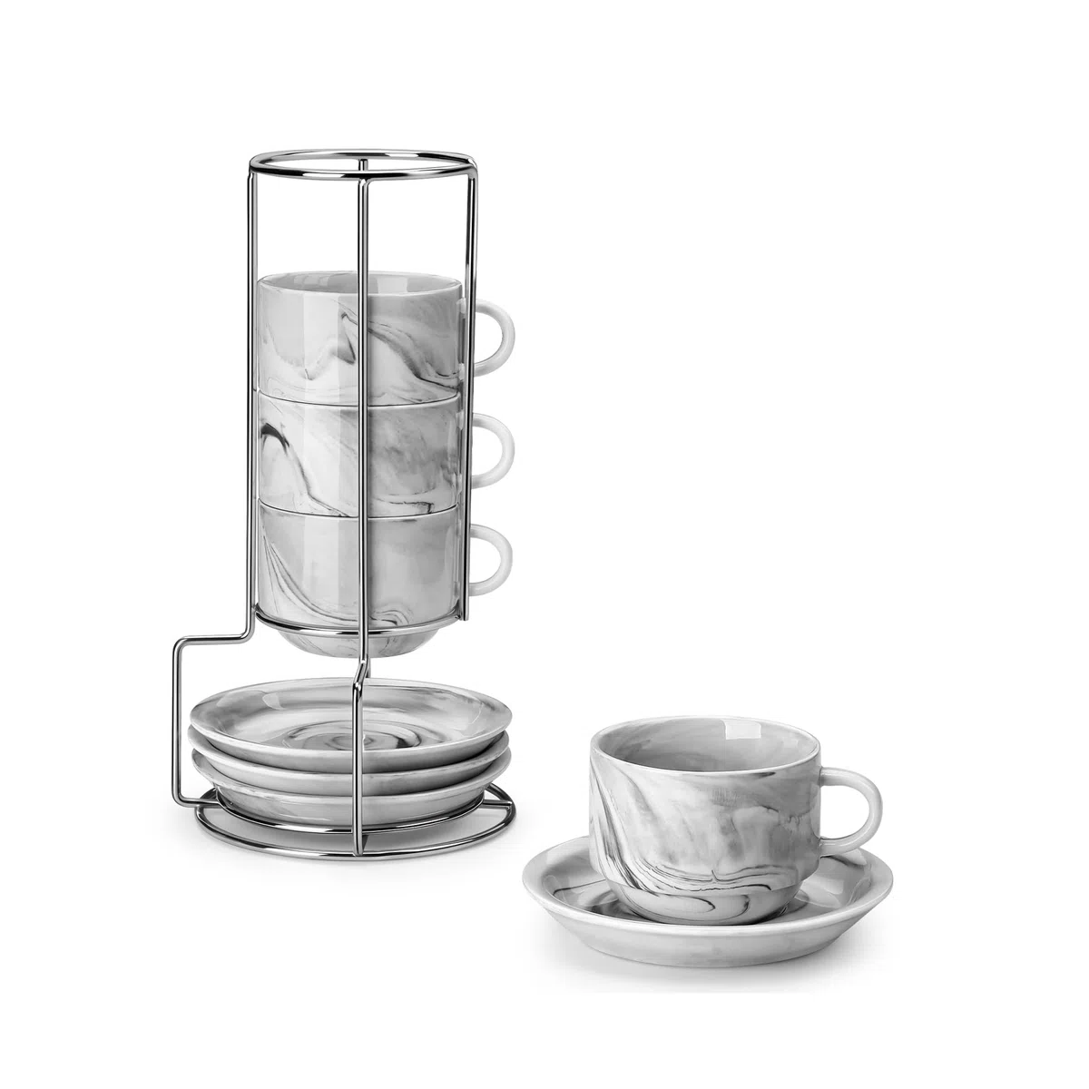 MALACASA Set di 4 tazze da espresso da 75 ml, a parete spessa con piattini e supporto, impilabili, tazze italiane in porcellana grigia, lavabili in lavastoviglie, serie regolare