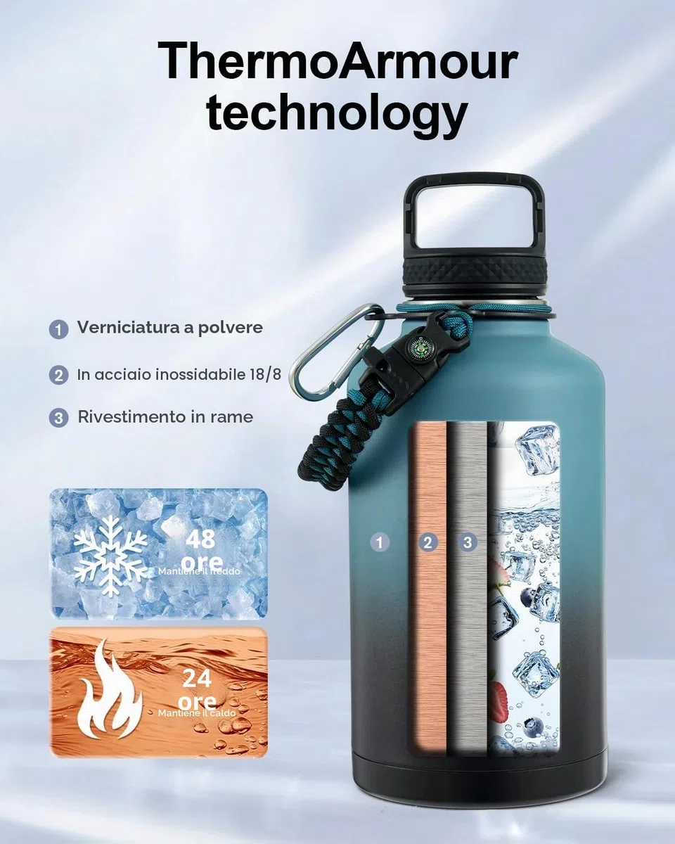 Trebo Borraccia Termica, Borraccia con Cannuccia Borraccia acciaio inox fredda per 48 ore Borraccia Termica Bottiglia in Metallo con Manico in Paracord, 1893 ml, Indigo/Nero