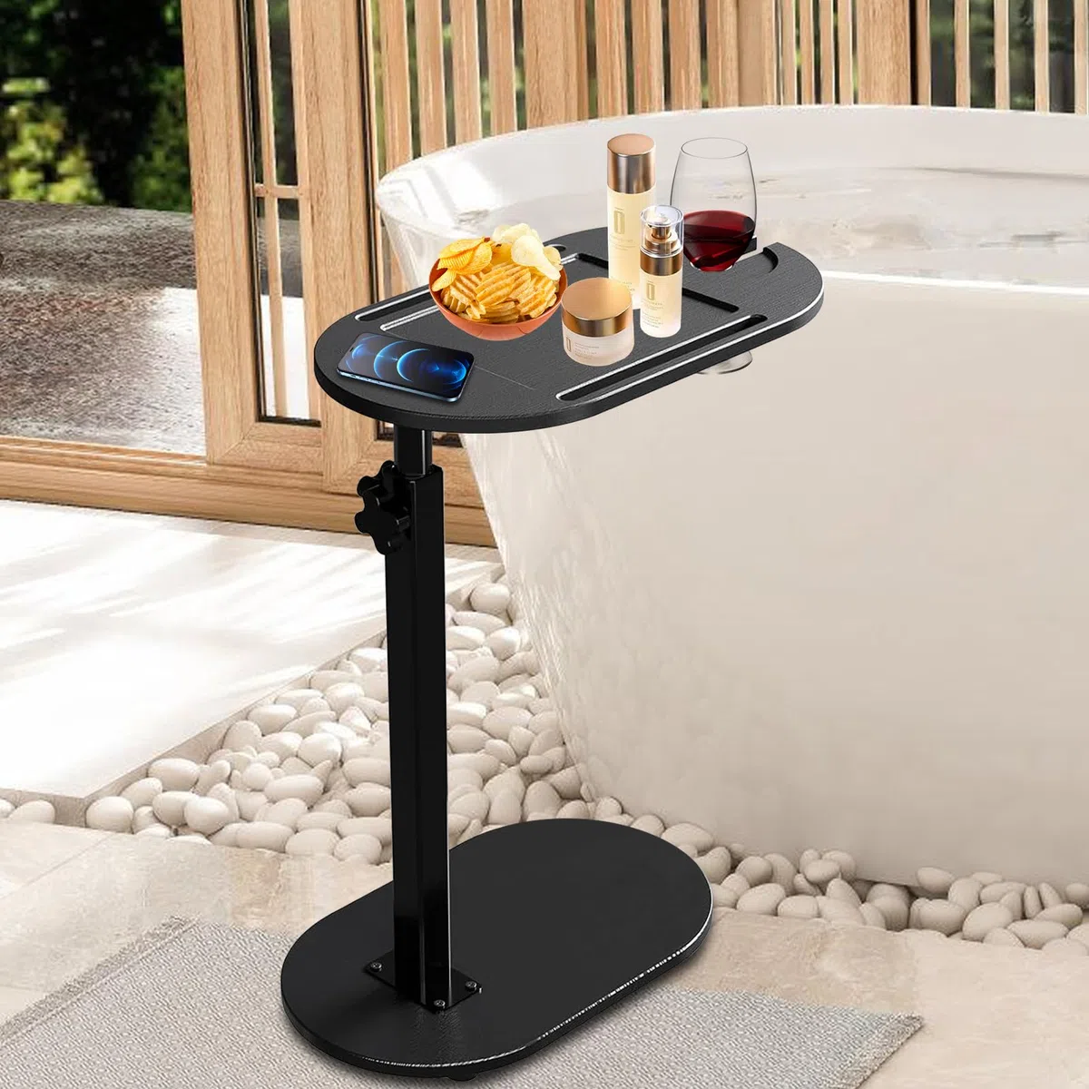 PORFOYO Tavolino in legno, a forma di C e piano girevole a 360 gradi, altezza regolabile da 41 a 81 cm, tavolini per soggiorno, divano, bagno, letto come tavolino da caffè o tavolo per laptop