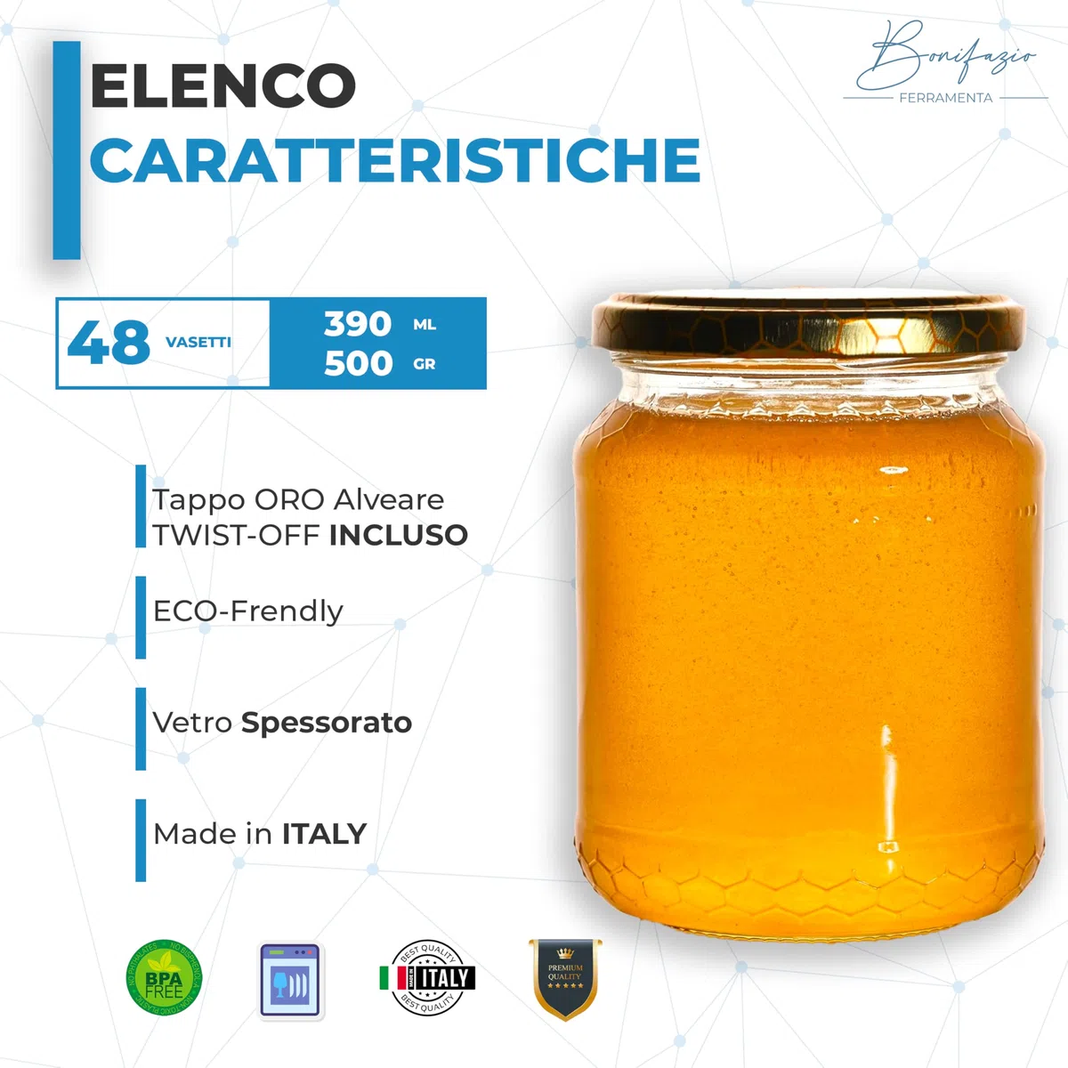 Set Completo di 48 Barattoli Vasetti da 390ml - 0,5Kg con Tappo Color Oro. Vaso Ideale per la Conservazione di Miele, Marmellata, e Altri Alimenti (48 pezzi da 390ml - 0,5Kg)
