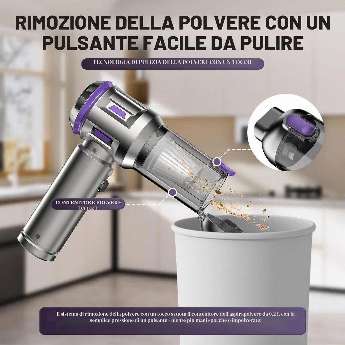 Aspirabriciole Senza Fili Potente, 25000Pa 4 in 1 Aspirapolvere Auto Portatile,Aspiratore e Soffiatore con Motore Brushless,USB C Mini Aspirapolvere Potente per Auto Casa Ufficio Peli di (viola)