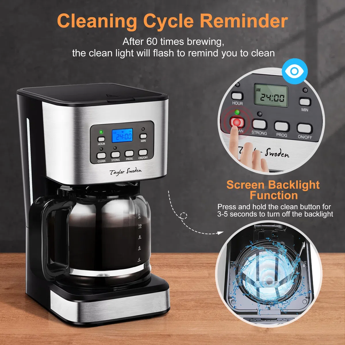 Taylor Swoden Darcy - Macchina da caffè Americano 950W per 12 tazze e capacità da 1,5 L con filtro riutilizzabile e base con mantenimento caldo, sistema antigoccia, timer e BPA FREE