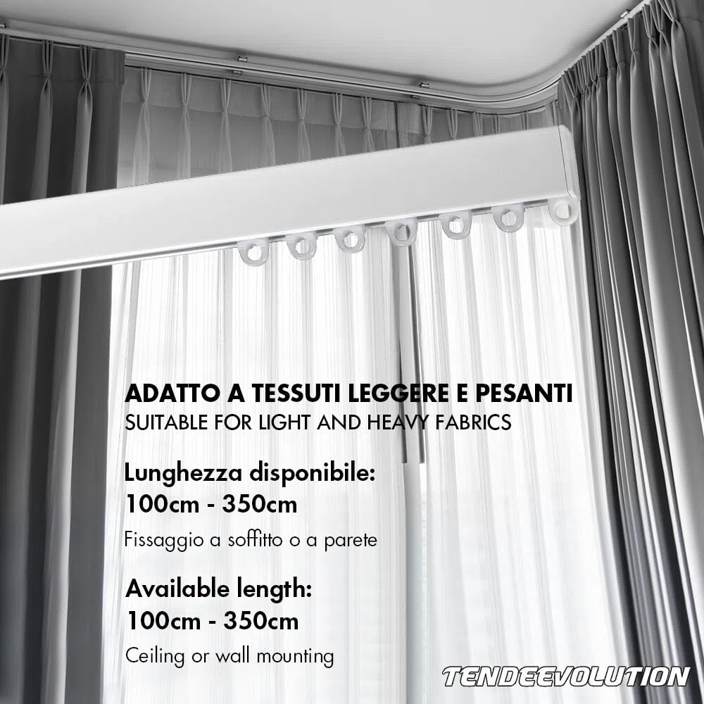 Binario Tenda Soffitto Lineare in Alluminio Bianco Personalizzabile, Completo di Accessori per il Fissaggio, Movimento Manuale, Bastone Tende a Soffitto o Parete (280CM MOVIMENTO MANUALE SENZA CORDA)