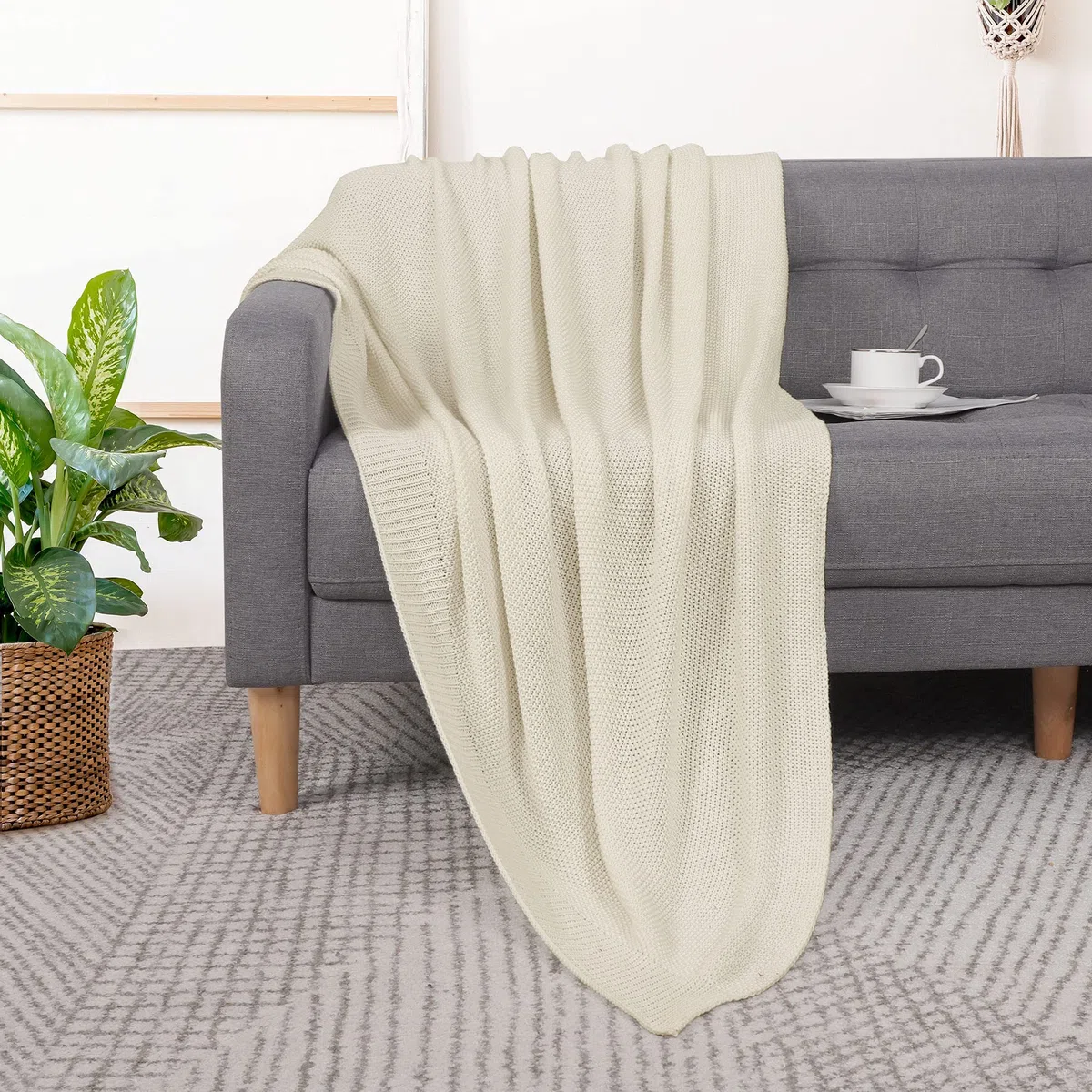 PICCOCASA, coperta lavorata a maglia, di cotone al 100%, morbida, compatta, decorativa, per divano, poltrona, camera da letto, 100%_cotone/cotone, Beige-without Tassels, 50" x 60"