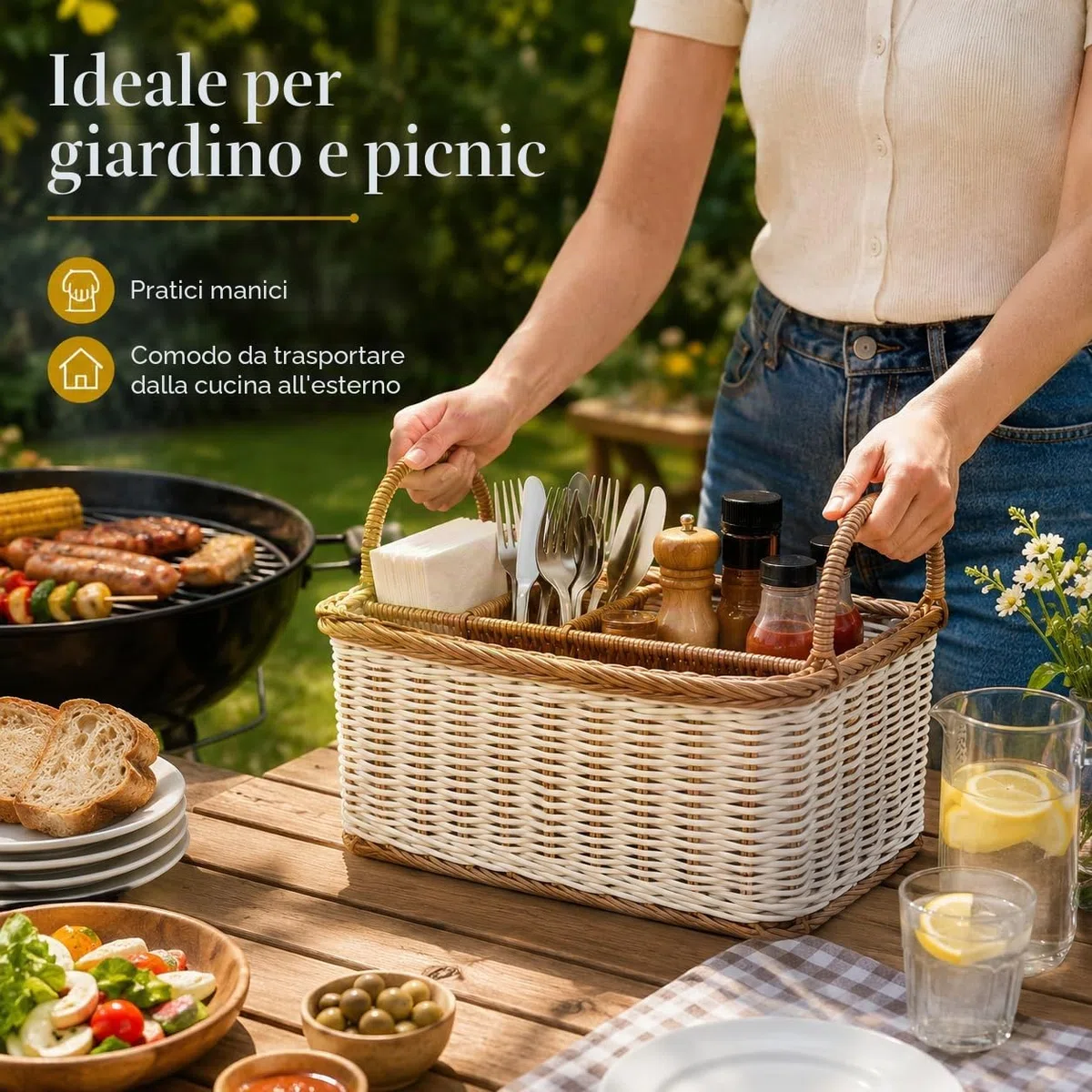 HEMOTON Portaposate in rattan, cestino per posate intrecciato da tavolo, portaposate per posate e utensili con manici e 4 scomparti divisori, per cucina, sala da pranzo, giardino o picnic